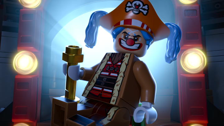 A LEGO minifigure of Buggy the Clown from One Piece, featuring his signature blue hair, jester hat with skull and crossbones, and red nose, holds a golden staff while seated on a stage with dramatic lighting. The image celebrates the LEGO One Piece collaboration, showcasing a character brought to life in brick form.