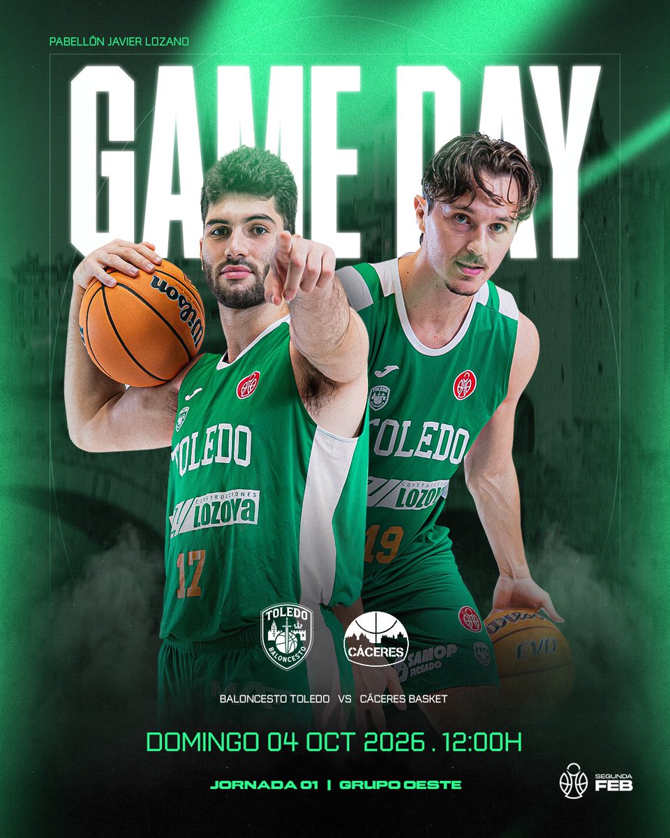 cb_toledo2025's tweet photo. 🔥 ¡EMPIEZA LO BUENO!

Este domingo arranca oficialmente la temporada 26/27💚

🏀 CB Toledo 🆚 Cáceres Basket
📅 4 de octubre
🕛 12:00 h
📍 Javier Lozano

Queremos empezar con vosotros en la grada.

#CBToledo #SegundaFEB #VamosToledo https://t.co/TdvT7LgXfG