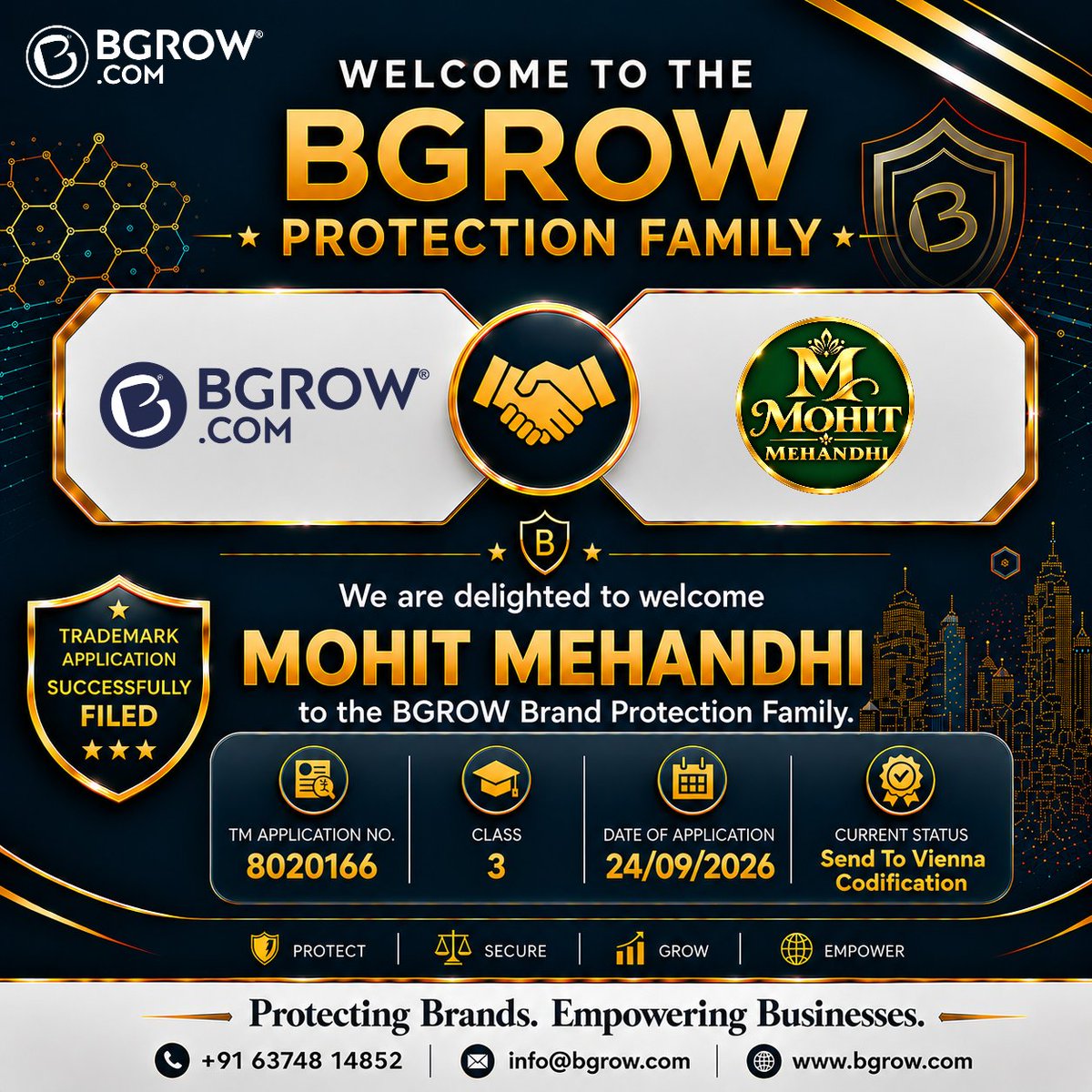 Bgrowindia's tweet photo. ๐ Welcome to the BGROW Protection Family!
BGROW SOLUTIONS PVT LTD
๐ +91 63748 14852 | 82204 49933
๐ https://t.co/Gdn08qikId | โ๏ธ info@bgrow.com
#BGROW #MohitMehandhi #Trademark #TrademarkRegistration #TrademarkProtection #BrandProtection #BrandIdentity #Class3 https://t.co/3dSySYGIyG