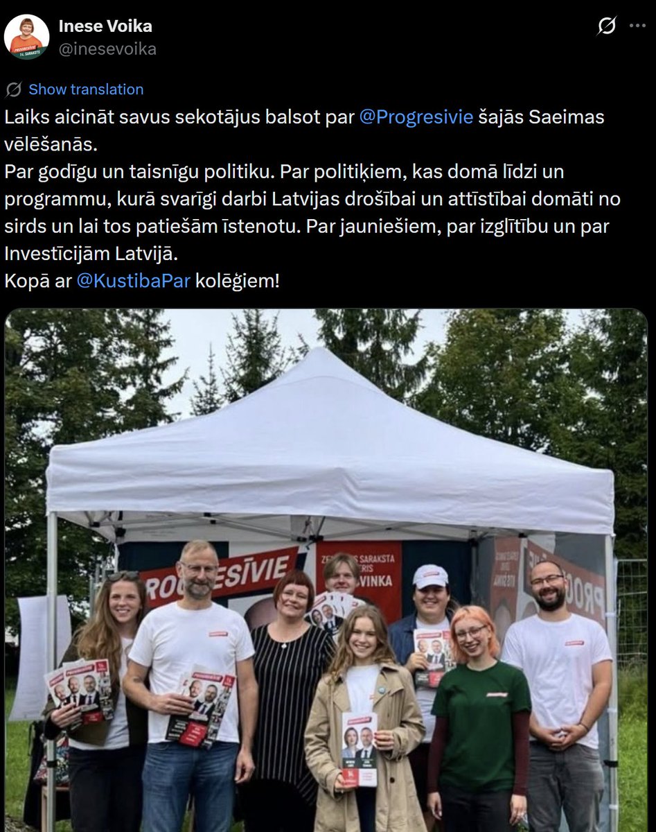 taisniba_com's tweet photo. Visi prasa: par ko balsot? Mēs pateiksim par ko NEBALSOT. Aicinām nebalsot par @Progresivie.  Vārdos šī partija iestājas par cilvēktiesībām, veselību, jauniešiem, zaļu dabu un citām labām lietām. Esot pie varas, "Progresīvie" ar DARBIEM parādīja, ka ir pret tām. 

Kā tas izpaudās? 

Briškens gadiem stāvēja klāt pie "airBaltic" un "Rail Baltica" izsaimniekošanas. No valsts ir izzagti simtiem miljoni eiro, un šis cilvēks to uzraudzīja. Agnese Lāce atklāti lobēja krievu valodas nostiprināšanu Latvijas sabiedrībā caur dažādām NVO un kavēja krievu valodas izslēgšanu no LSM. Andris Sprūds visus amatā pavadītos gadus tautai meloja par "dronu sienu", kura realitātē neeksistēja. 

"Progresīvie" zvejo vientiesīgu vēlētāju balsis  it kā iestājoties par jauniešiem, bet NAV saprotams, kā šī iestāšanās izskatās. Progresīvie saka, ka iestājas par LGBT un Stambulas konvenciju, bet vienlaikus atbalsta tādas kustības un ideoloģijas (Hamās un islāmu), kas nogalina homoseksuālus cilvēkus un sit sievietes. Tā ir liekulība un meli.

Daudzas partijas melo un nodarbojas ar korupciju, bet tieši "Progresīvie" zem "eiropeiskās izvēles" maskas paslēpuši Maskavā izlolotu jauno kreiso ideoloģiju. Tā ir tā pati ideoloģija, kas uz Sibīriju aizsūtīja latviešus. Vai vēlamies, lai vēsture atkārtojas?