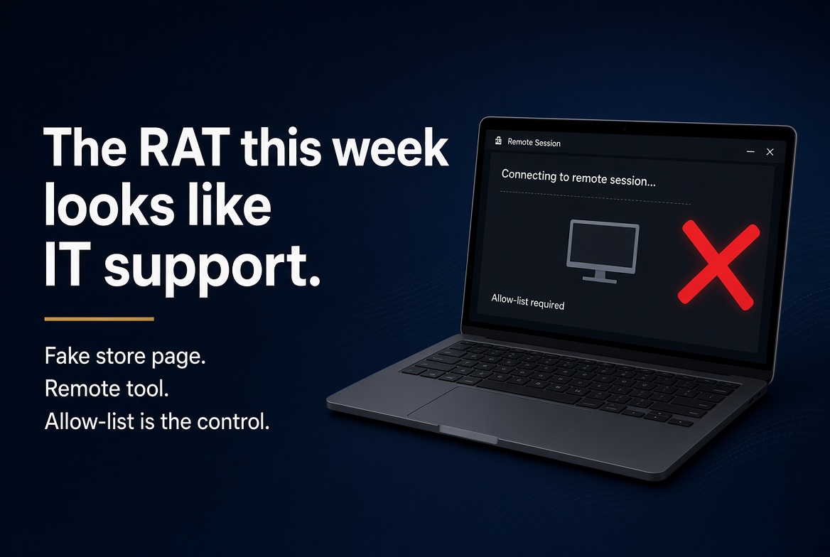 Darthtech_'s tweet photo. New RAT: fake Microsoft Store page → RMM tools → hijacked PC.

No exploit required.

If unapproved remote-support software can run, the second stage is already paid for.

Default-deny is the control. Alerts are the autopsy. https://t.co/PFLldCQ7o2