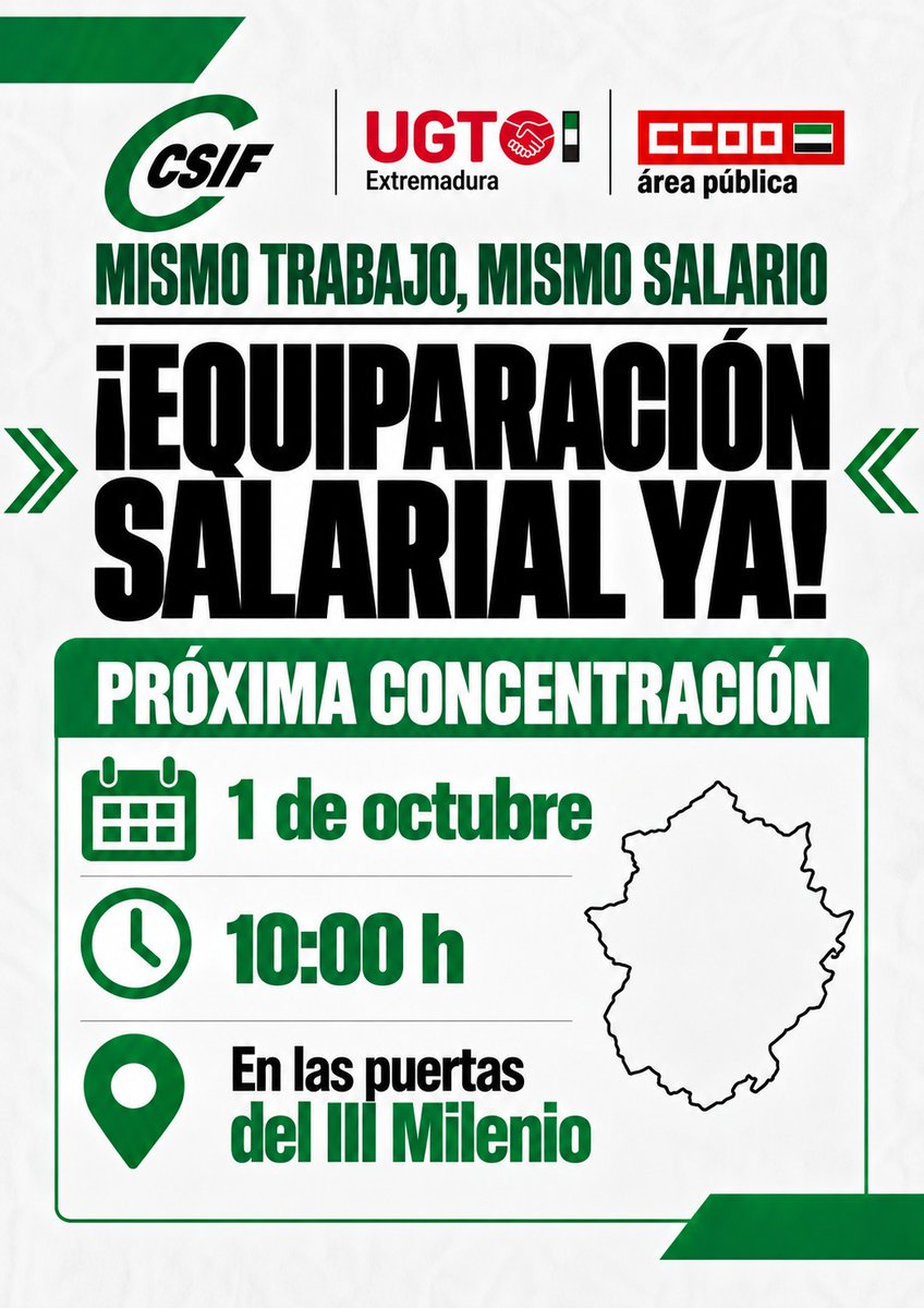 CSIFExtremadura's tweet photo. 📣 Nueva concentración para exigir la equiparación salarial para los 35.000 empleados públicos de la Junta de Extremadura

📅 Jueves 1 de octubre
▶️ III Milenio de Mérida
⌛ 10:00 h.

#MismoTrabajoMismoSalario
#CSIF+EsMás https://t.co/o01s8byjrj