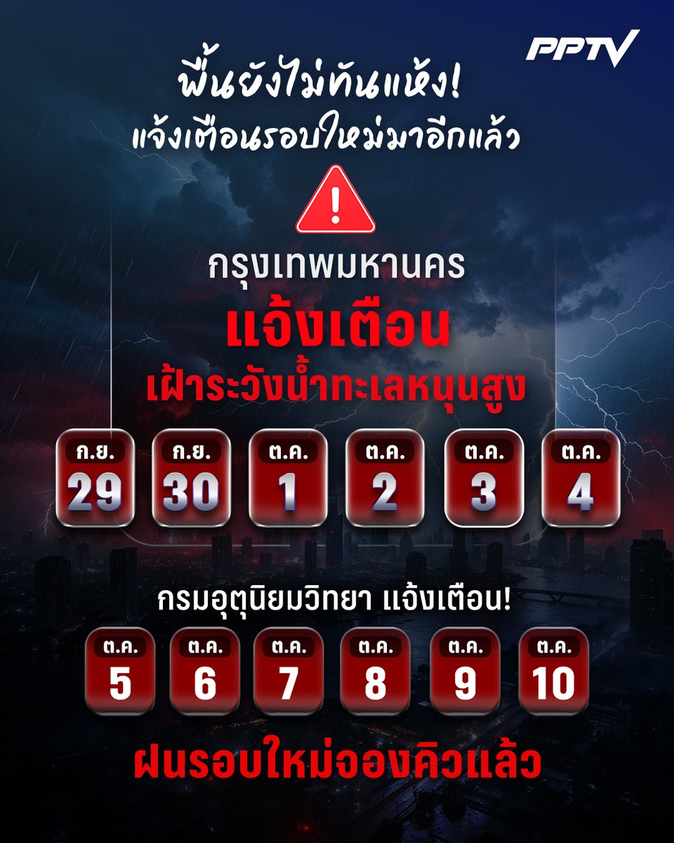 PPTVHD36's tweet photo. พื้นยังไม่ทันแห้ง! แจ้งเตือนรอบใหม่มาอีกแล้ว

กรุงเทพมหานคร แจ้งเตือนเฝ้าระวังน้ำทะเลหนุนสูง ช่วง 29 ก.ย. – 4 ต.ค. 69
กรมอุตุนิยมวิทยา แจ้งเตือนฝนรอบใหม่จองคิวแล้ว ช่วง 5 ต.ค. – 10 ต.ค.

อ่านต่อ : https://t.co/GbhRHKmeuo

#กรมอุตุนิยมวิทยา #น้ำท่วม #ฝนตก #ฝนตกหนัก #เรื่องข่าวเรื่องใหญ่ #PPTVHD36