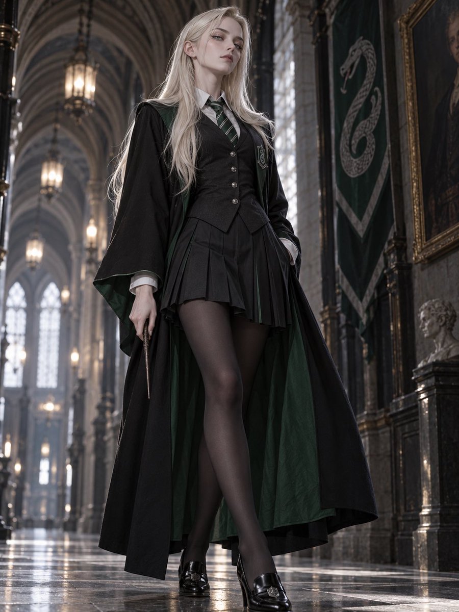 Aoikurose's tweet photo. Female Draco Malfoy.

Cold, aristocratic, and completely unimpressed with you.

I wanted to keep Draco’s strongest visual identity intact while translating him into the classic arrogant ojou-sama archetype.

Platinum blonde. Slytherin green. Sharp eyes. Pure Malfoy attitude.

#FemDraco #DracoMalfoy #Genderbend #HarryPotter #CharacterDesign