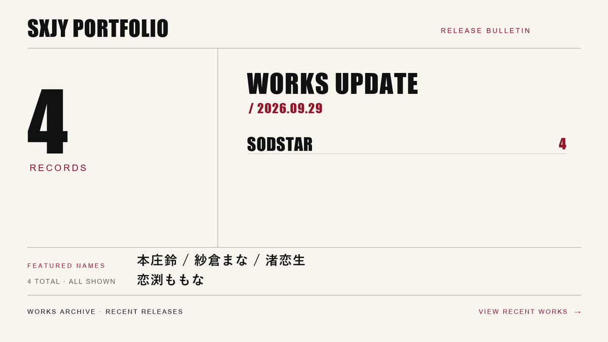 SXJYPortfolio's tweet photo. Works Archive 更新

新着作品を合計4件追加しました。
SODSTARからの更新をまとめてご覧いただけます。

https://t.co/lddauWoVR9

#本庄鈴 #紗倉まな #渚恋生 #恋渕ももな #WorksArchive https://t.co/Z8aevqna5A
