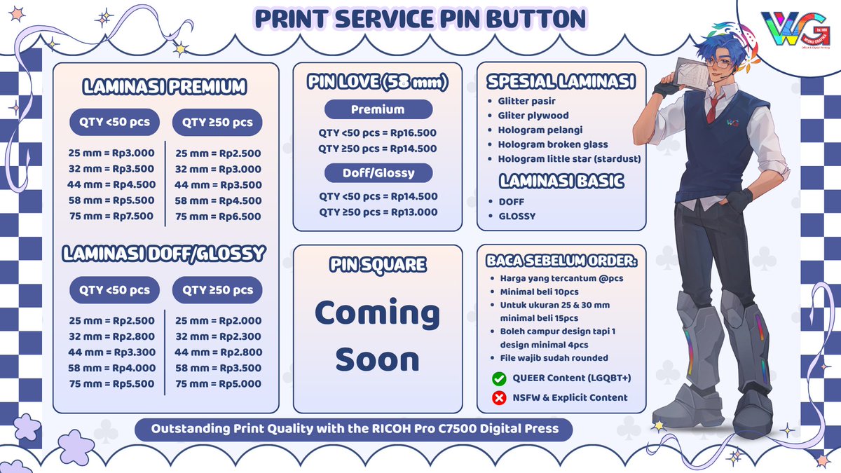 WisnuGrafikaID's tweet photo. 𑣲⋆JASA CETAK PIN BUTTON 𑣲⋆

🔁& ❤️ are very appreciated!

Di print dengan mesin digital Richo Pro C-7500.

Proses 1-4 hari (Tergantung antrian)
Bisa pick up di Workshop/kirim via shopee.

PROMO:
BELI 10PCS, GRATIS 1 PCS
BACKING PLASTIK & METAL HARGA SAMA (Selama persediaan masih ada)

#Jasacetak #BuatPinButton #Pinbutton #Vendorpin #Vendorpercetakan