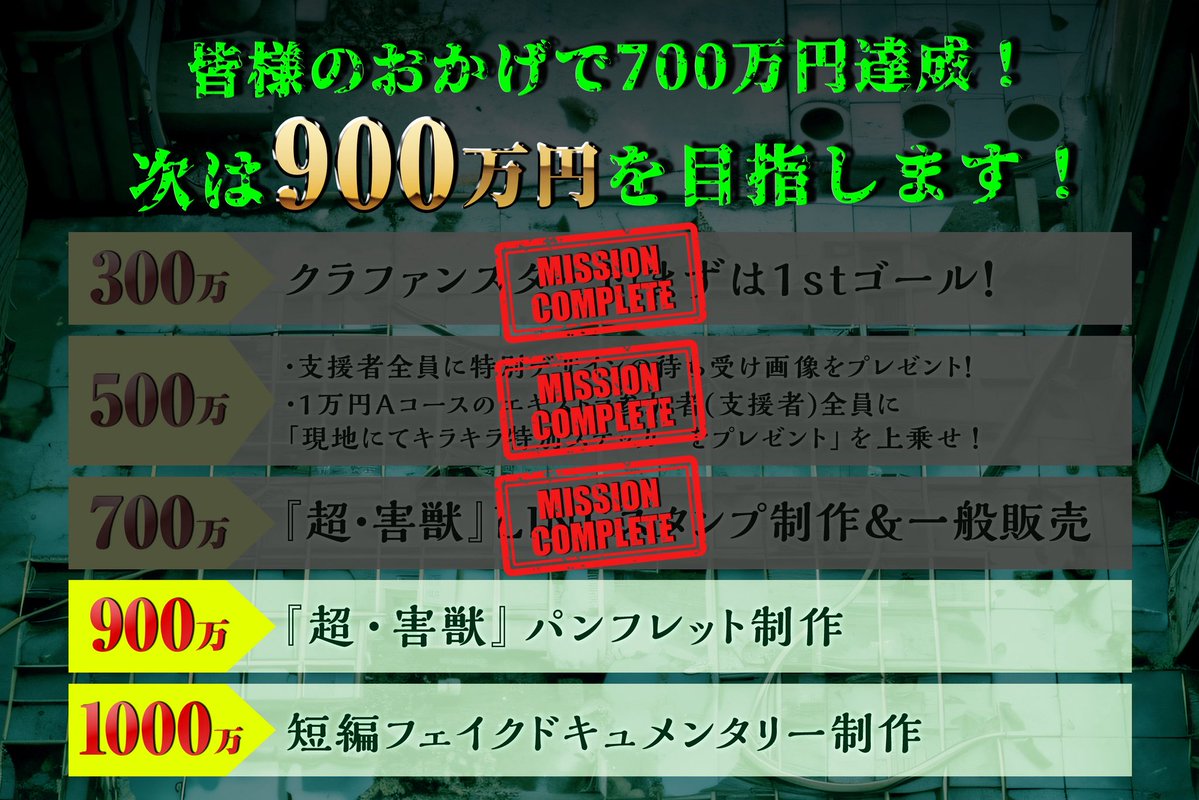 jmonpany's tweet photo. 皆さま、ありがとうございます！！
映画『超・害獣』クラウドファンディング700万達成しました！！
そして映画『超・害獣』のオリジナルLINEスタンプ制作決定！！
【残り1日】
明日9/30の22:30からラスト90分間で生配信いたします！！

https://t.co/7uurbtgp29
#超害獣 #モンパニ映画制作計画 https://t.co/cAh57RpqR8