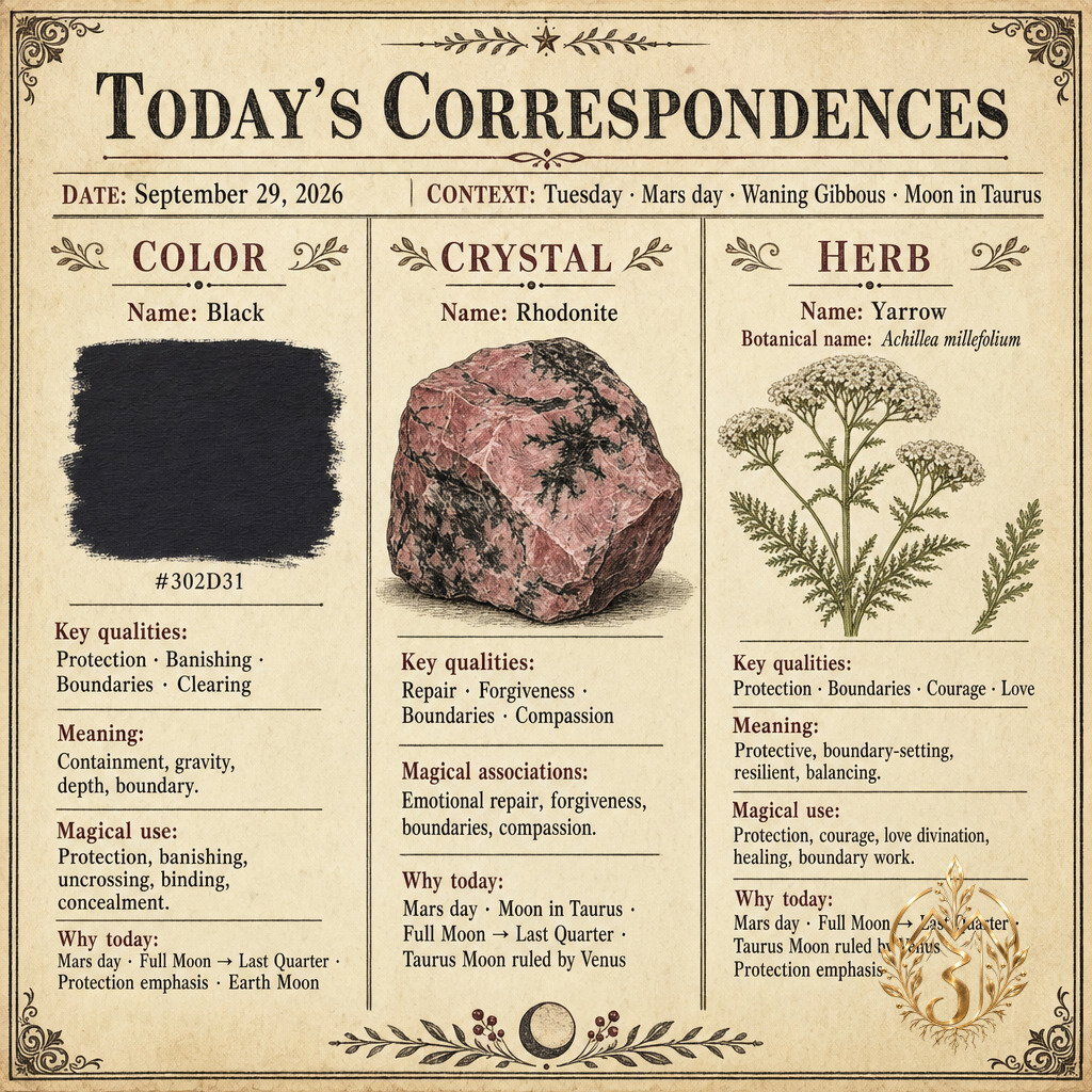 hellomizjeannie's tweet photo. Sep 29, 2026 https://t.co/tyrcB6UPR4
Good for: Courage · Protection
Plan around: Clear first; do not force expansion.
Best window: 1:55–2:55 PM · Mars
#WitchTwt #MarsDay #WaningGibbous #TaurusMoon https://t.co/Bxlgd6E7FB