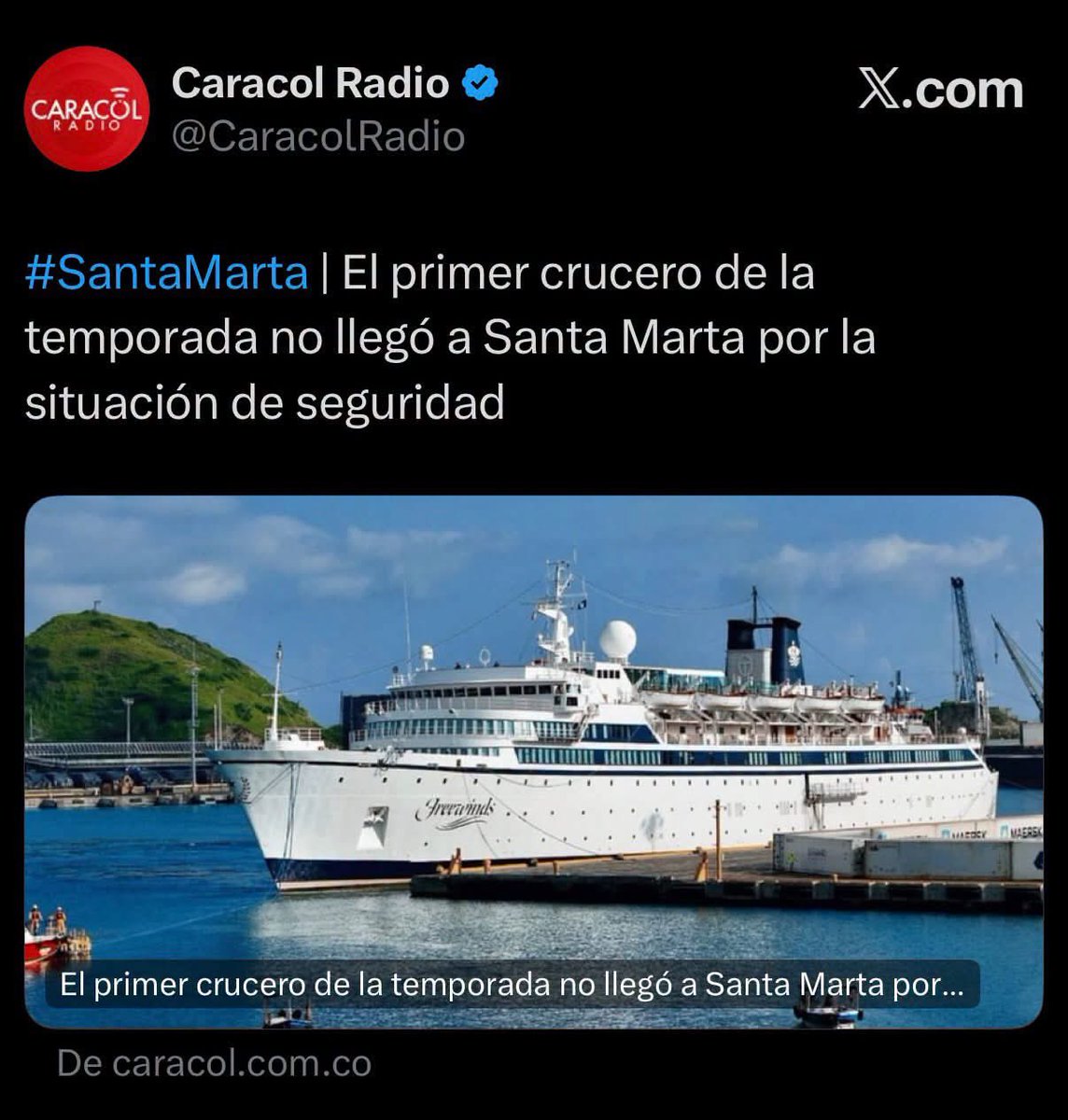 jota_puertas's tweet photo. La “Patria milagro”, el primer crucero de la temporada no llegó a Santa Marta. Mordió el “tigre” a los samarios, y bien duro. No fue con mi voto. https://t.co/eMC5sX7431