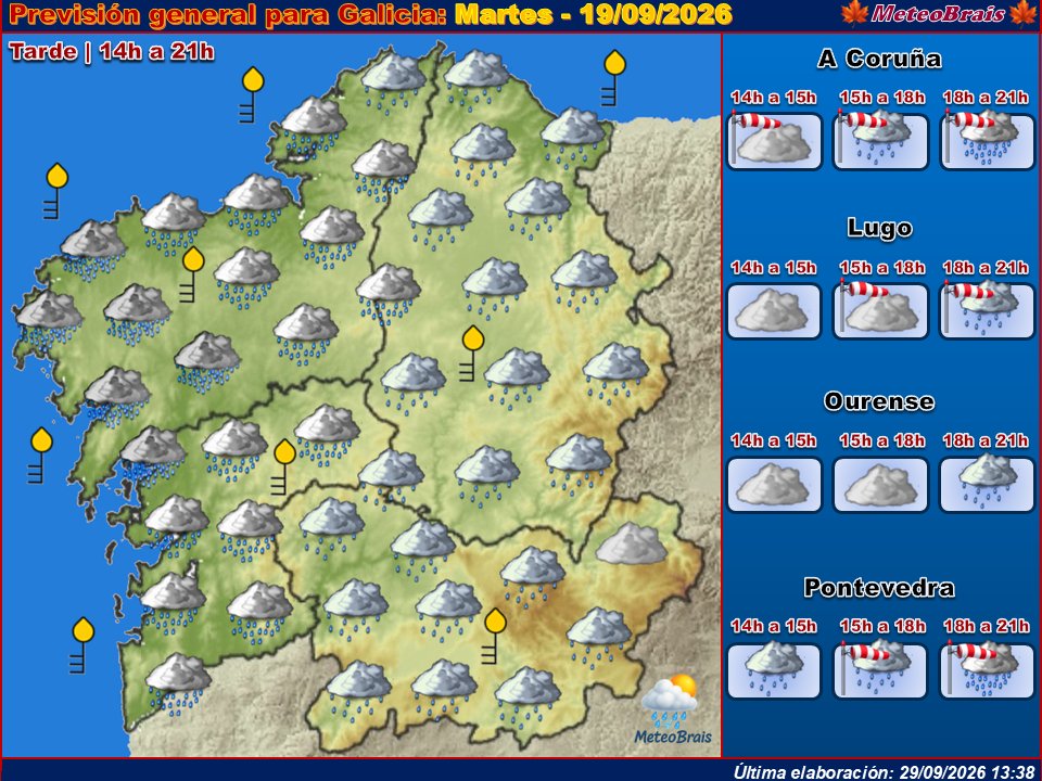MeteoBrais1's tweet photo. Actualizamos previsión para esta tarde en #Galicia 

☔⚠️Lluvias intensas en la mitad oeste en la segunda mitad de la tarde 
🌧️De menor intensidad en #Lugo y #Ourense a últimas horas de la tarde 
💨⚠️Viento fuerte hasta las 19 horas en las provincias atlánticas y hasta las 22 horas en el interior