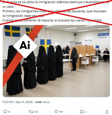 AfpFactual's tweet photo. 🇸🇪 ¿La foto de cinco mujeres vestidas con burka haciendo cola para votar en los comicios de Suecia es real?

❌ No. Fue creada con IA. Un portavoz del ayuntamiento de la ciudad donde se ubicaría desmintió que fuera un colegio electoral del municipio. 

➡️ https://t.co/vagZseU6QS https://t.co/nP6t5CDM4a