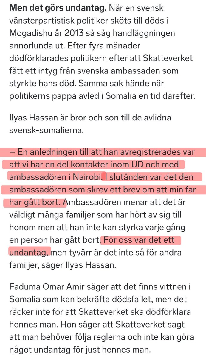 PlainviewLegacy's tweet photo. UD OCH SVENSK AMBASSAD HJÄLPTE ILYAS HASSAN KRINGGÅ REGLERNA FÖR EKONOMISK ERSÄTTNING

Vänsterpartiets Mohamed Ali som slipper betala av skulder är inte ensam om att ha getts ekonomisk gräddfil av Landet Lagom.
 2014 uppgav röstfuskutpekade partikollegan ILYAS HASSAN att hans pappa som bodde i Somalia gått bort i hjärtinfarkt i Mogadishu, något som Hassan ville ha ekonomisk ersättning av Sverige för. Hassan skrev bl.a. brev till dåvarande utrikesminister Carl Bildt.
 Sveriges policy var att inte godta dokument från Somalia som bevis, då landet bl.a. saknade förvaltning, regering och centrala register. Ilyas Hassan säger dock i SR 2015 att "Vi hade kontakter hos Utrikesdepartementet och svenska ambassaden i Nairobi". Ambassadören i fråga ska ha varit @JBorgstam.
 Enligt Hassan författade ambassadören ett speciellt brev, vilket ledde till att undantag kunde göras av Skatteverket som då kunde betala Ilyas Hassans klan.
https://t.co/GDceLy9oxV