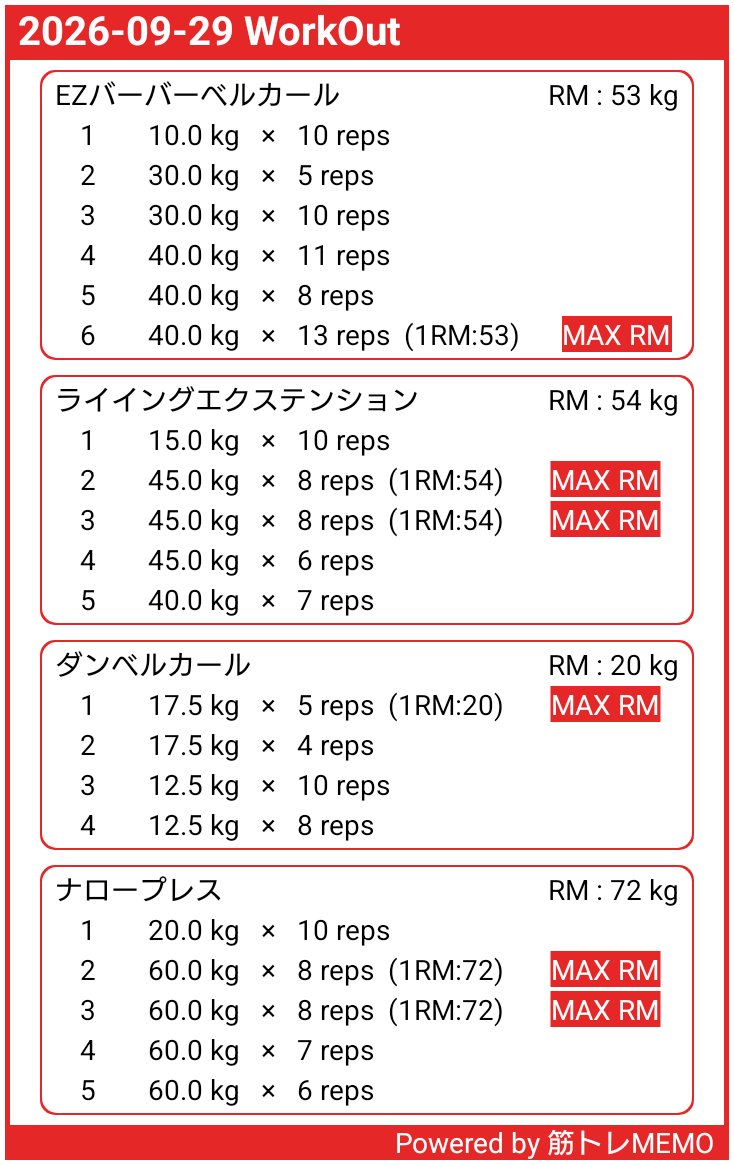 pere474801's tweet photo. 今日は腕💪

腕は調子いい🌝
2頭種目も伸びてきた👌

寒くなってきて切ない🥹

おつん！

#筋トレMEMO https://t.co/SzsRUWrZ6q