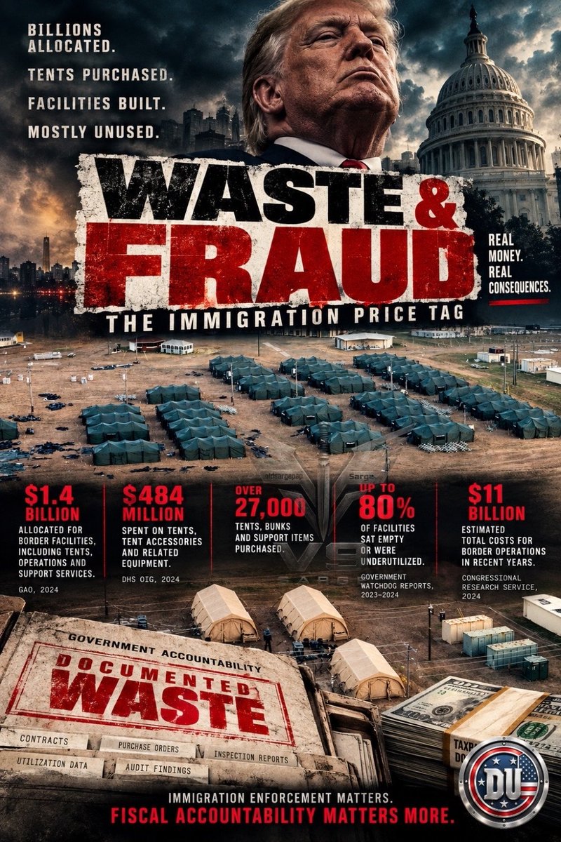 FeistyLibLady's tweet photo. Remember when Trump promised to get rid of ‘waste, fraud, and abuse’ in Washington?

He didn't, he actually created more.

The War Department spent $2.85M to build tents to house 5,000 migrants at Gitmo but the shelters didn't meet federal detention standards.  The tents were never used.

ICE along with the War Dept planned to use military camps for detainees. A camp in Texas wasted $11.5M for detainee services over a two-week period b/c the facility was empty. 

ICE bought 11 warehouses for $1B billion to hold detainees, now ICE decided to sell seven of them. 

To break even, the government must sell the seven warehouses for exactly the $707 million they bought them for. 

ICE also spent $7.7M for zoning and title insurance.

If that wasn't enough it paid $12.8 for security and utilities, it will never use.

This is typical of Trump's America, half-ass plans with no thought to tax dollars.

Not to mention, Trump thinks it is fine to spend money to hurt people but no money to help anyone but himself.
#DemsUnited