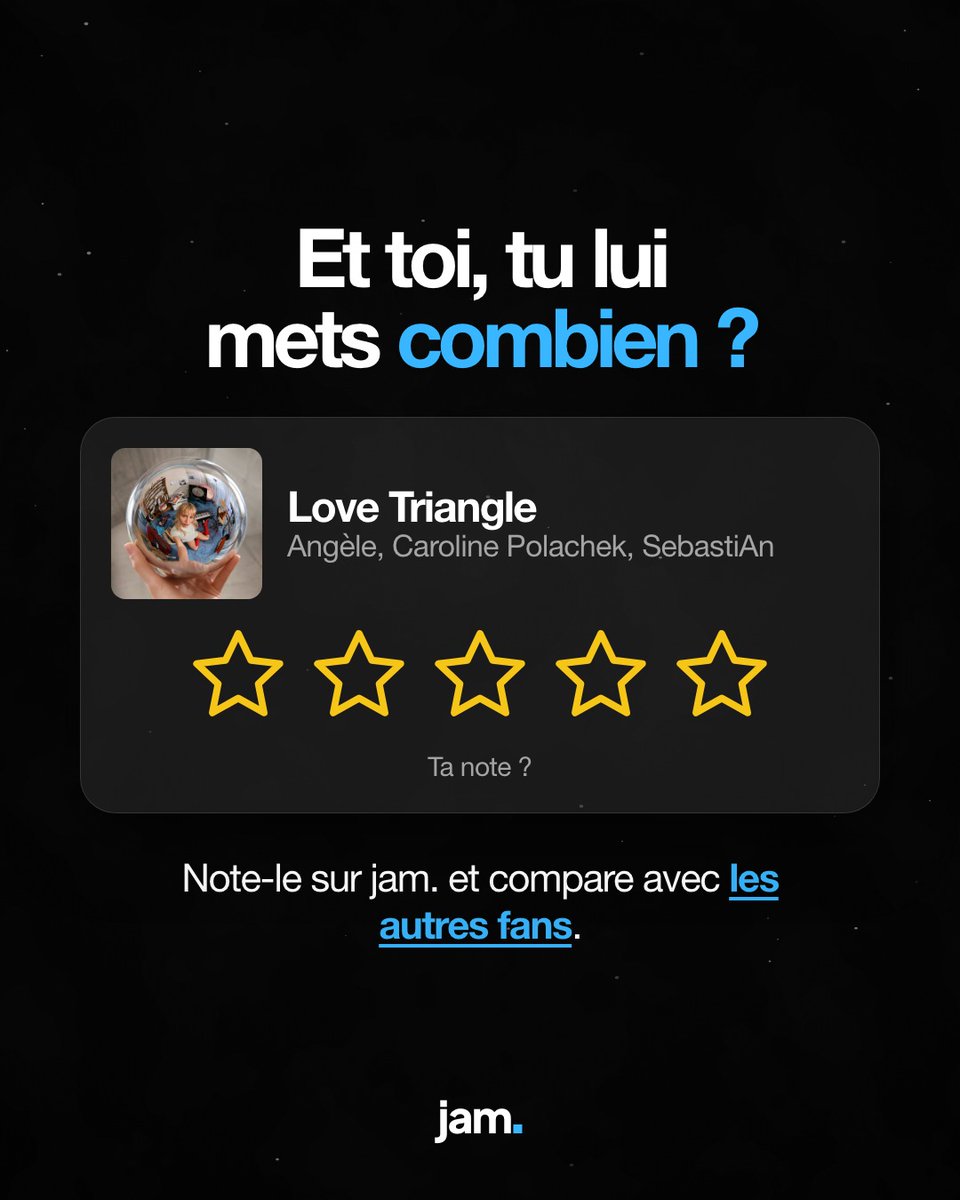 jamapp_fr's tweet photo. Angèle, Caroline Polachek et SebastiAn sur le MÊME son 🤯

« Love Triangle » sort ce soir à 19h30. Angèle ne fait plus du tout de pop.

Vous lui mettez combien sur 5 ? Répondez ici ⭐

La note des fans est sur l'application Jam Concert https://t.co/cqdSNRa751