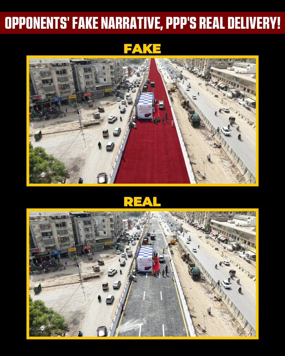 TaimurHPppp's tweet photo. One is your FAKE Photoshop, other is PPP's REAL Asphalt.
Your entire politics is like that top image - Edited, Fake and Full of Lies. While our work is like the bottom image-Real, Solid and on the Ground.Karachi knows who is building and who is just editing photos!
@LatifSarang https://t.co/wD7dHoArFx