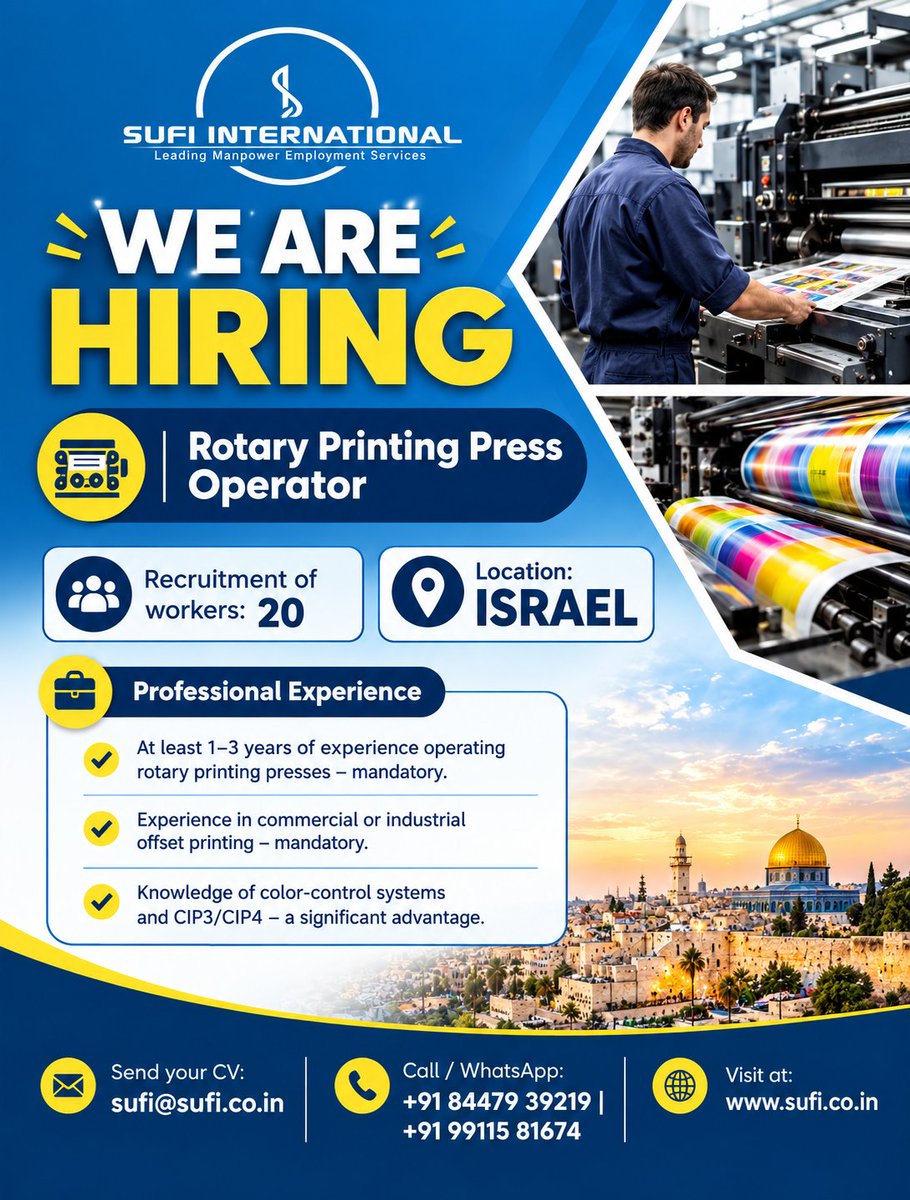 SufiInternatio1's tweet photo. WE’RE HIRING FOR ISRAEL!

Position: Rotary Printing Press Operator

Vacancies: 20

📍 Location: Israel

✅ Requirements:

📩 Send your CV: sufi@sufi.co.in

📞 Call / WhatsApp: +91 84479 39219 | +91 99115 81674

Visit: https://t.co/dvT1hIoRyw

#SufiInternational #WeAreHiring https://t.co/FUbZl2RWkJ