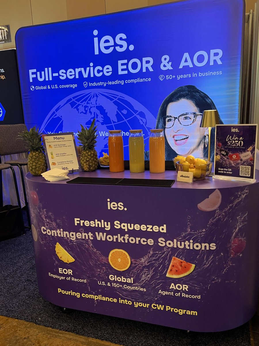 KaraHertzog's tweet photo. 🍹 Day 2 at #CWSSummit—and the juice is still flowing!
Stop by the @InnovativeES booth, grab a freshly squeezed juice, enter our gift card raffle, & most importantly, connect with the #IES team.
📍 Come see us at Booth 114
@SIAnalysts
#ContingentWorkforce #EOR #AOR #Compliance https://t.co/CzLNOOfZRq