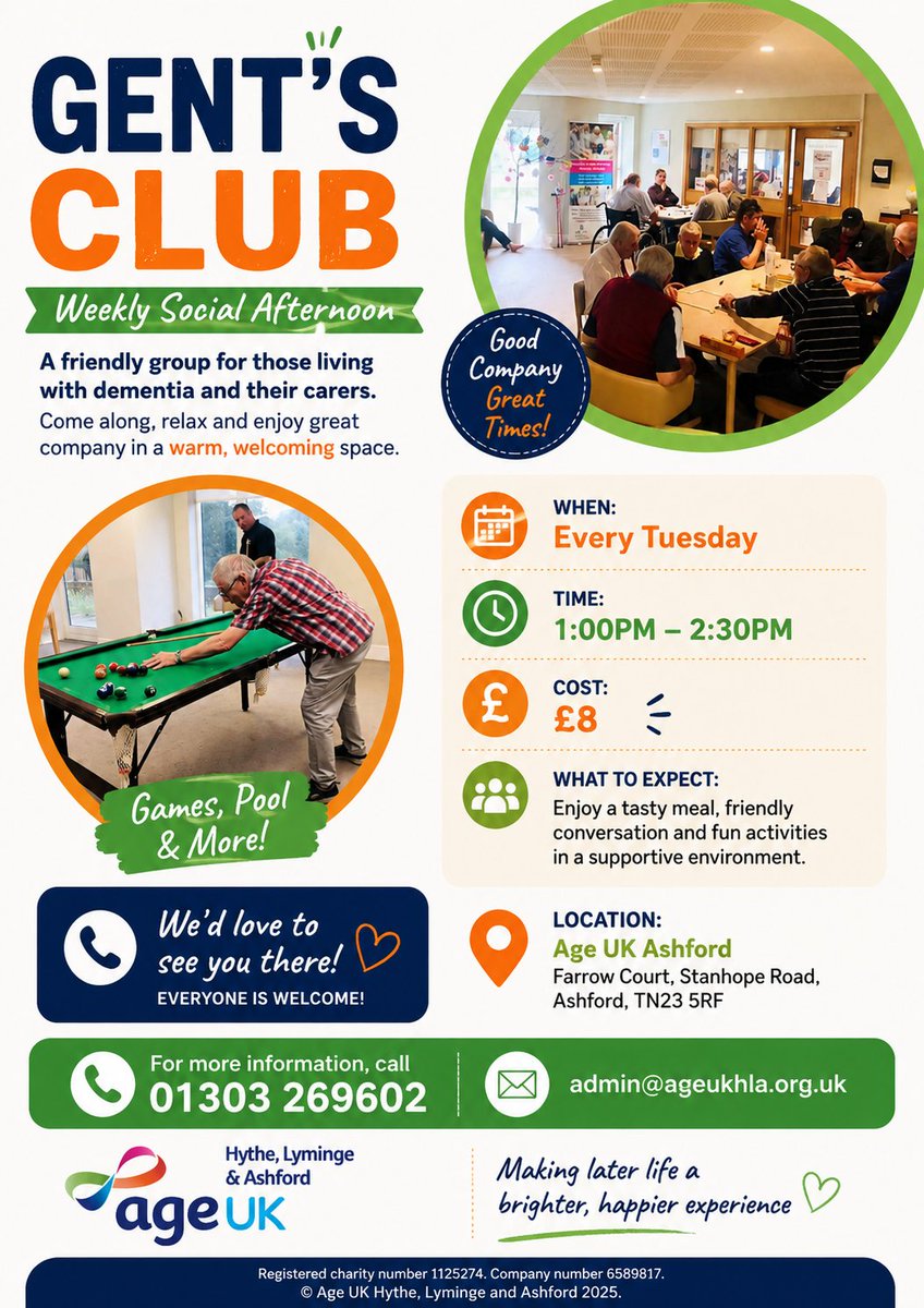 AgeUKHL's tweet photo. 🎉 Gent’s Club – Age UK Ashford
A friendly weekly social afternoon for people living with dementia and their carers.
📅 Every Tuesday
🕐 1–2:30pm
💷 £8
🎱 Games, pool & good company
📍 Farrow Court, Ashford
📞 01303 269602
#AgeUKHLA #Ashford #DementiaSupport #CarersSupport https://t.co/PU7lhVMXB5