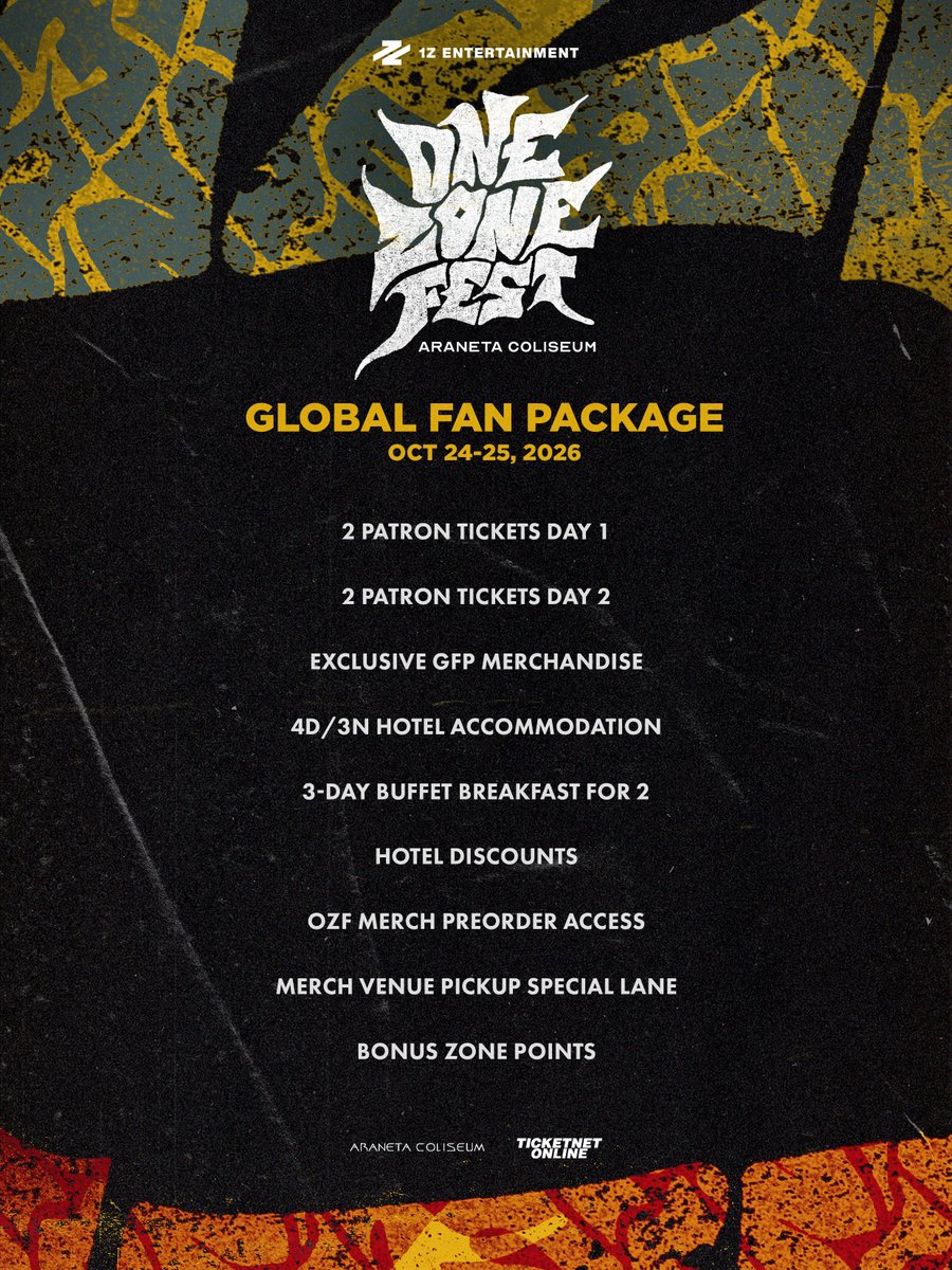 1zentertainment's tweet photo. 📣 ONE ZONE FEST: GLOBAL FAN PACKAGE GUIDE 

For fans joining us from across the world, here's everything you need to know about the Global Fan Package for ONE ZONE FEST 2026.

Explore the full FAQs and package details:
https://t.co/pIJ8Lgu7iU 

October 24-25, 2026
Araneta Coliseum

Global Fan Package sale begins September 30, 12NN PHT. Stay tuned for the reservation link.

#OZF #OneZoneFest #1ZEntertainment