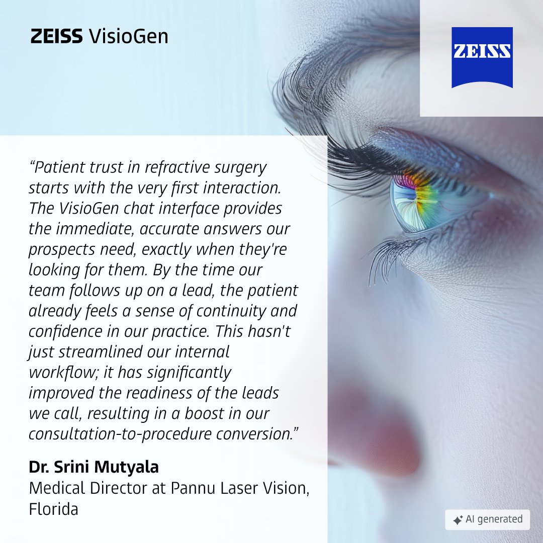 ZEISSVisioGen's tweet photo. The right information to patient should starts before the consultation.
 
Dr. Srini Mutyala, Medical Director at Pannu Laser Vision, highlights the value of patients arriving informed and ready.
 
VisioGen helps create continuity from the first interaction to the consultation.
 
See the patient journey in action.
 
Book a demo: https://t.co/woNtxu15di
 
#ZEISSVisioGen #Ophthalmology #LASIK 

*Not all products/services are available in all countries.