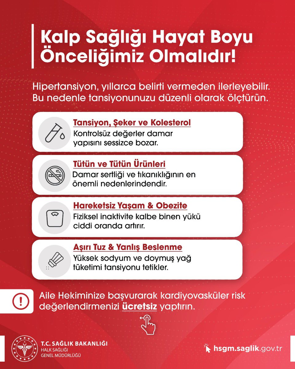 halksagligigm's tweet photo. Kalp sağlığınızı korumak için bugün bir adım atın. ❤️

Hipertansiyon yıllarca belirti vermeden ilerleyebilir. Tansiyonunuzu düzenli ölçtürün; tütünden uzak durun, dengeli beslenin ve hareket edin. Kalp damar sağlığınızla ilgili risklerinizi öğrenmek için aile hekiminize başvurun.

#DünyaKalpGünü #KalpSağlığı #Hipertansiyon #TansiyonunuÖlçtür #SağlıklıYaşam #HalkSağlığı