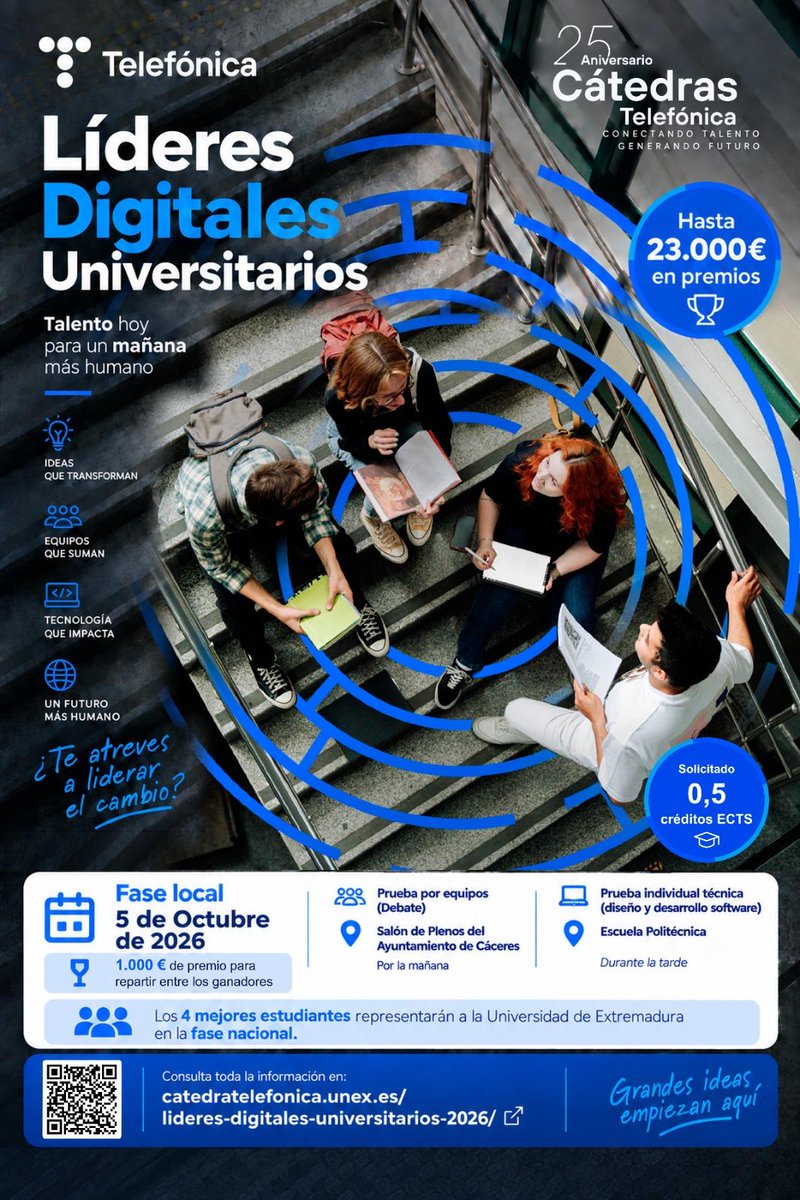 infouex's tweet photo. ✅ La Cátedra Telefónica de la UEx organiza la fase local del evento Líderes Digitales Universitarios 
📍5 octubre en @Ayto_Caceres y la @EPCC_Unex
📝Inscripción: https://t.co/wJ18x2Z9rY 
🏆  Premio 1.000 euros a repartir entre los 4 ganadores
🔗Noticia https://t.co/s1ri02u3L5 https://t.co/qxaLRiQtcI