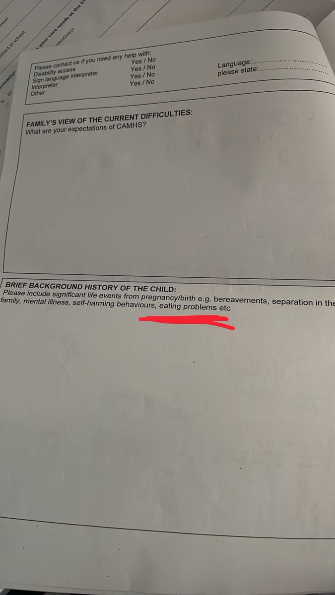dbnlenjoyer's tweet photo. amazing cahms sent me this for my mum to fill out before our appointment and she is aware i have eating problems but has never brung it up to a professional 🙂 https://t.co/rqQnFUsKcP