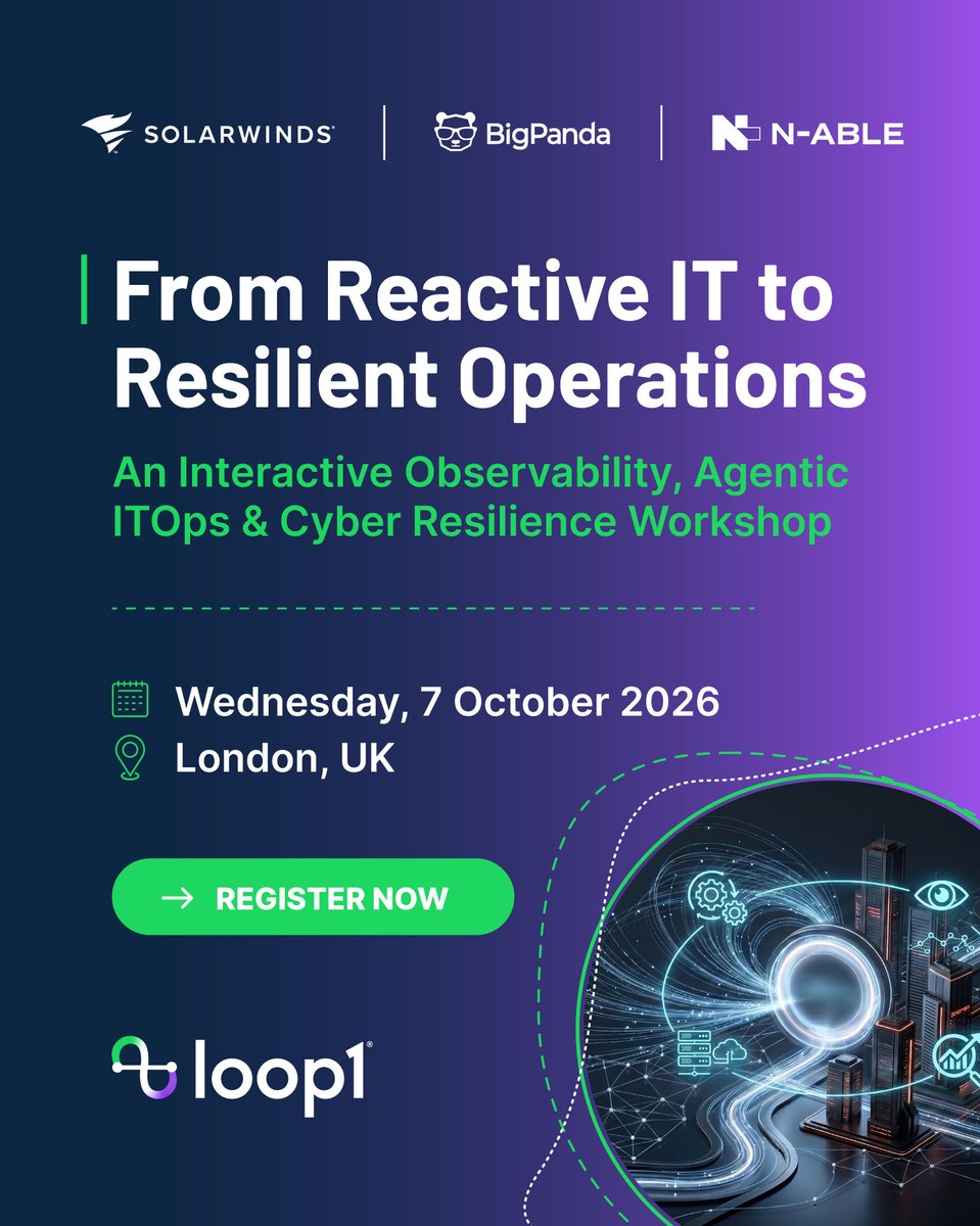 Loop1Global's tweet photo. Just 1 week to go! Join @Loop1Global, @solarwindss, BigPanda &amp; N-Able in #London next Wednesday for an interactive workshop on #Observability, #AgenticITOps &amp; #CyberResilience. Practical demos &amp; real-world scenarios.

Register: From Reactive IT to Resilient Operations https://t.co/xR7oOqg6iS