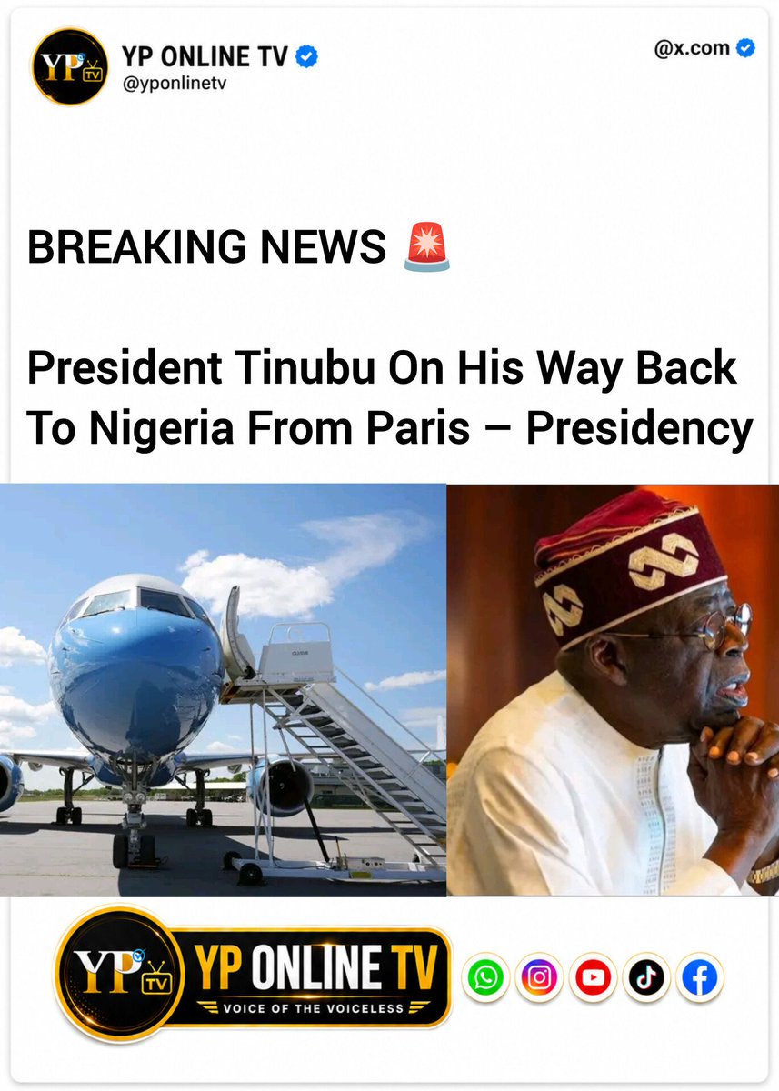 YPonlineTV's tweet photo. BREAKING: Tinubu On His Way Back From Paris – Presidency

Read more: https://t.co/G2Agra7dkx https://t.co/VWJ0BTzSXb