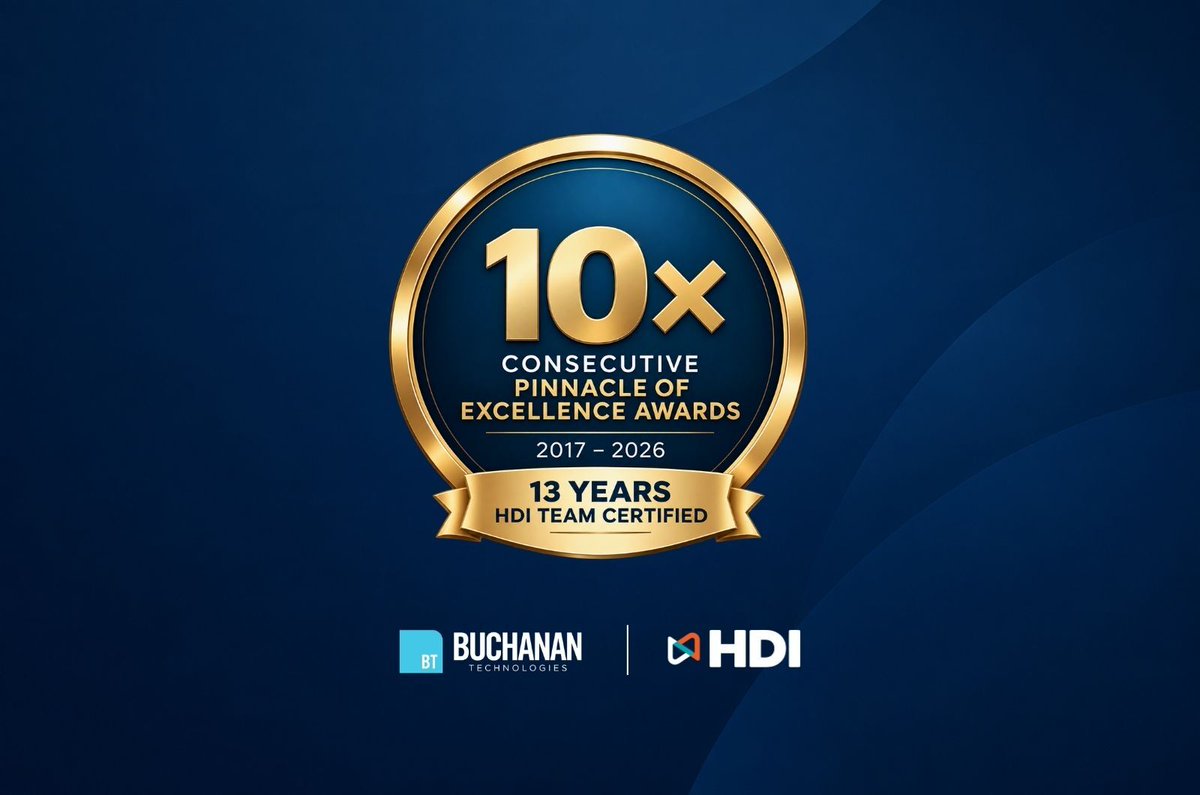 BuchananTech's tweet photo. Ten years. Ten HDI Pinnacle of Excellence Awards. 🎉 Congratulations to our Support Center team, who have kept 100% of Buchanan's support staff HDI certified for the 10th consecutive year and extended our HDI team certification streak to 13 years.

Keeping every certification current, year after year, takes real commitment from everyone on the team, and we don't take it for granted. Thank you to every analyst, lead and manager who made this happen, and to HDI for the recognition.

Full press release: Read the full release, including a word from Thomas Nieuwhof and our CEO, Mike Werblun: