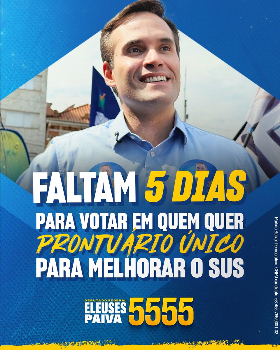 eleusespaivaf's tweet photo. Já pensou em encontrar todo o seu histórico médico em um só lugar? É com tecnologia e inovação que  podemos modernizar o SUS e melhorar o atendimento em todo o país.

Para Deputado Federal, vote Eleuses Paiva 5️⃣5️⃣5️⃣5️⃣

PROPAGANDA ELEITORAL. PSD - CNPJ: 68.455.766/0001-02 https://t.co/9fdxwsBOtG