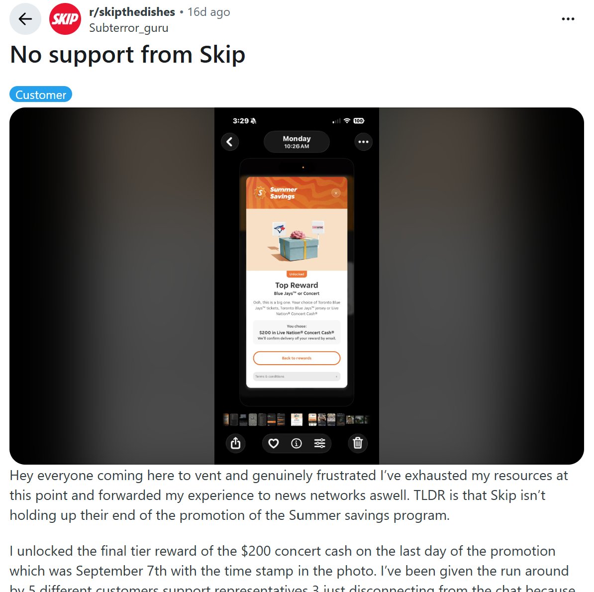 Maxamelia55's tweet photo. If you haven't received your reward from @SkipCanada's summer saving promo, pls msg me. I'm speaking to @globalnews and would like to expose them as they fail to honor the contest rewards

So far, I've found 1 person from reddit https://t.co/k8s6ueJ6bj