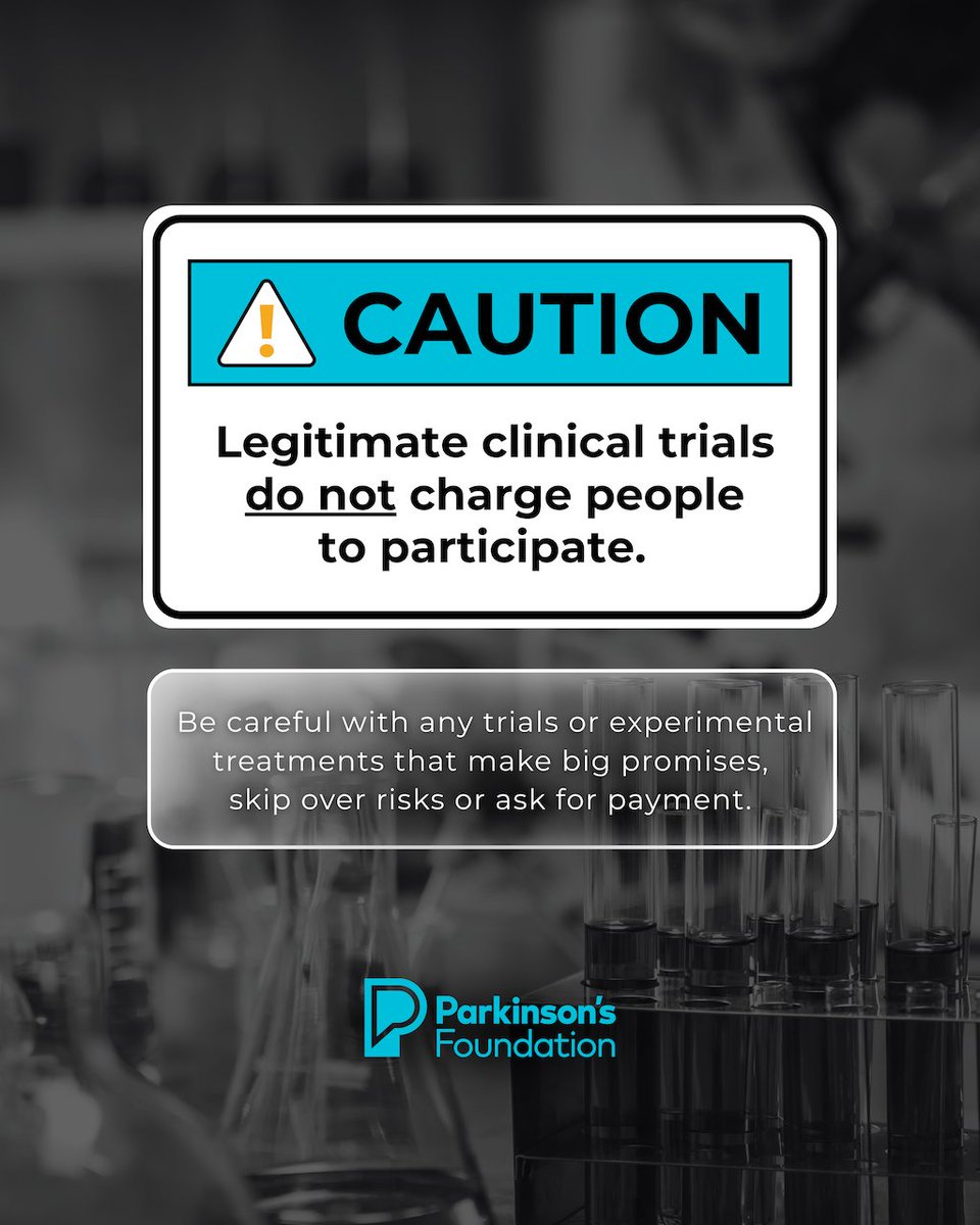 ParkinsonDotOrg's tweet photo. The Parkinson's Foundation Helpline has been receiving an increase of calls regarding dubious and sometimes dangerous study offerings that have been shut down by the FDA and regulatory agencies all over the world. 

Medical tourism, travel to places with little medical or scientific regulation for unverified treatments, can put people at serious health and financial risk. 

Be careful with any trials or experimental treatments that make big promises, skip over risks or ask for payment. ⚠️ Legitimate clinical trials do not charge people to take part.  

When considering a trial, be sure to ask questions about study protocols and talk with your healthcare team to determine whether it's a good fit for you. If you’re unsure about a study’s legitimacy, contact the Parkinson’s Foundation Helpline at 1-800-4PD-INFO.

Learn more about safely getting involved in research: https://t.co/OMKeCPtPGd