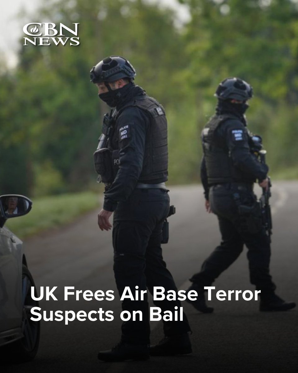 CBNNews's tweet photo. Five suspects arrested near a British air base used by American bombers are out on bail, drawing a sharp response from President Trump.

The five men were arrested near R.A.F. Fairford, which has been used by American bombers during conflicts in the Middle East, including this year's war with Iran. Detectives are investigating a possible link to Iran, among other leads...

FULL STORY: https://t.co/WTKGDraPaC