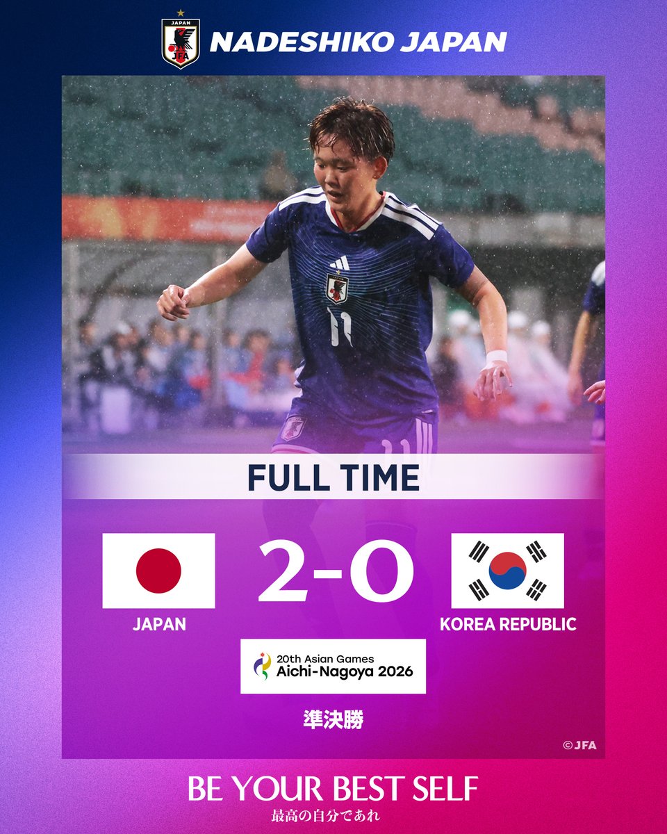 jfa_nadeshiko's tweet photo. 🔹試合終了🔹

🏆第20回アジア競技大会（2026／愛知・名古屋）
⚔️準決勝
🇯🇵#なでしこジャパン 2-0 韓国女子代表🇰🇷

📱U-NEXTにて生配信
📺TBS系列で録画放送(※放送時間の都合により、試合の一部映像のみでの放送となる場合がございます。)

#サッカー日本代表 https://t.co/gCGo2Ay7iB