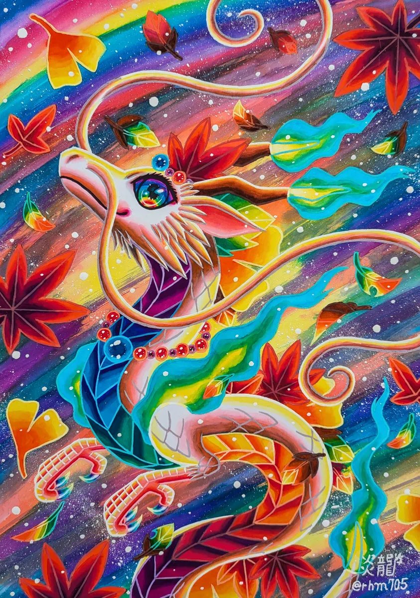 rhm705's tweet photo. オリジナル創作ドラゴン✨🐉🌈
紅葉と焚き火✨🍁🔥
#オリジナルイラスト
#アナログ画 https://t.co/RZnGuXSQOh