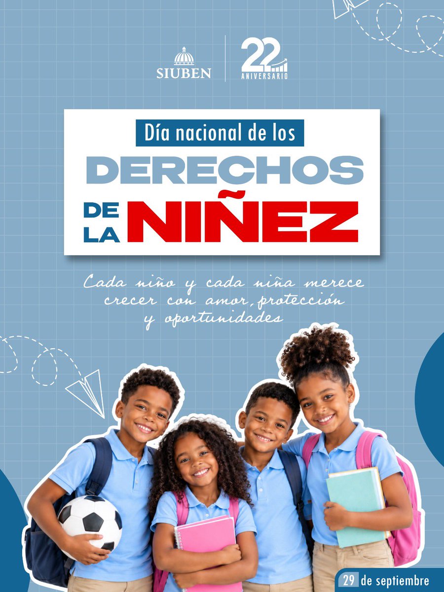 SiubenRD's tweet photo. Conmemoramos el Día Nacional de los Derechos de la Niñez, una fecha dedicada a promover y visibilizar la importancia de garantizar los derechos fundamentales de los niños y niñas del país.

Garantizar estos derechos es una responsabilidad que nos involucra a todos.

#SIUBENRD https://t.co/e140W3ac22