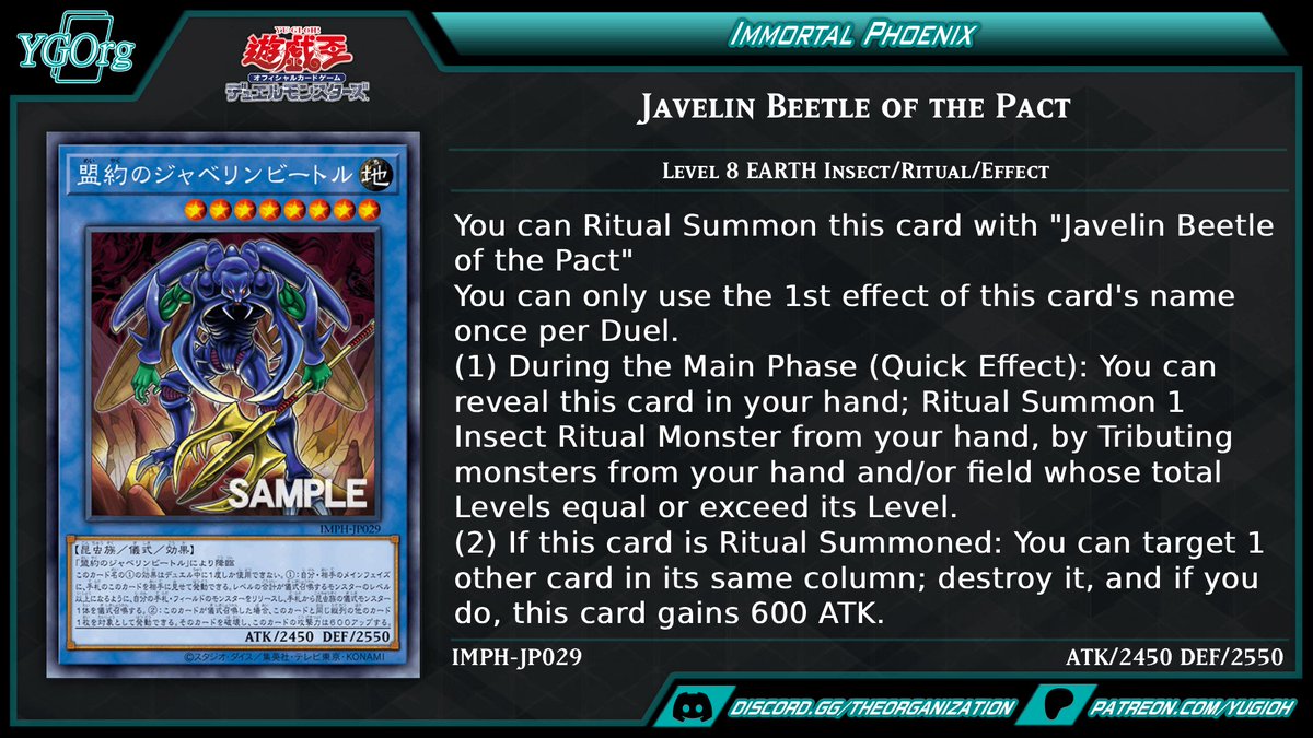 ygorganization's tweet photo. ◆ Immortal Phoenix ◆
New card!
"Javelin Beetle of the Pact"
#yugioh #遊戯王 https://t.co/rHQtyTPsqg