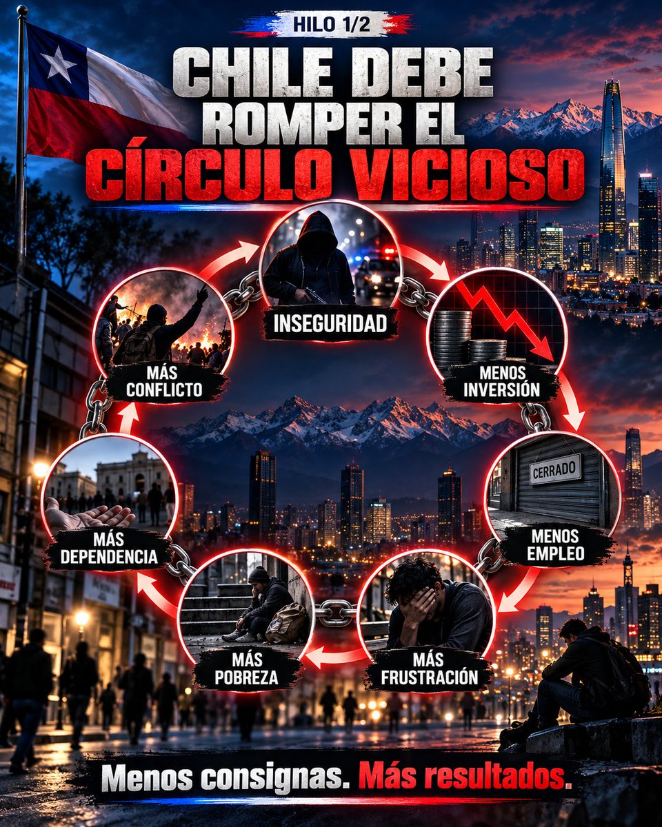 PelaoTelo2's tweet photo. 🇨🇱 CHILE DEBE ROMPER EL CÍRCULO VICIOSO

Inseguridad → menos inversión → menos empleo → más frustración → más pobreza → más dependencia → más conflicto.

Cuando un país normaliza la violencia, la incertidumbre y la confrontación permanente, el costo termina llegando al trabajador, al emprendedor, a la familia y al ciudadano común.

La discusión política no debería reducirse a consignas ni trincheras.

La pregunta correcta es mucho más simple:

¿Las políticas públicas están generando más seguridad, empleo y oportunidades… o están alimentando nuevamente el mismo círculo?

Menos consignas. Más resultados.

🇨🇱 Chile necesita avanzar.

#ChilePrimero #Seguridad #Empleo #Economía #Crecimiento #PolíticasPúblicas