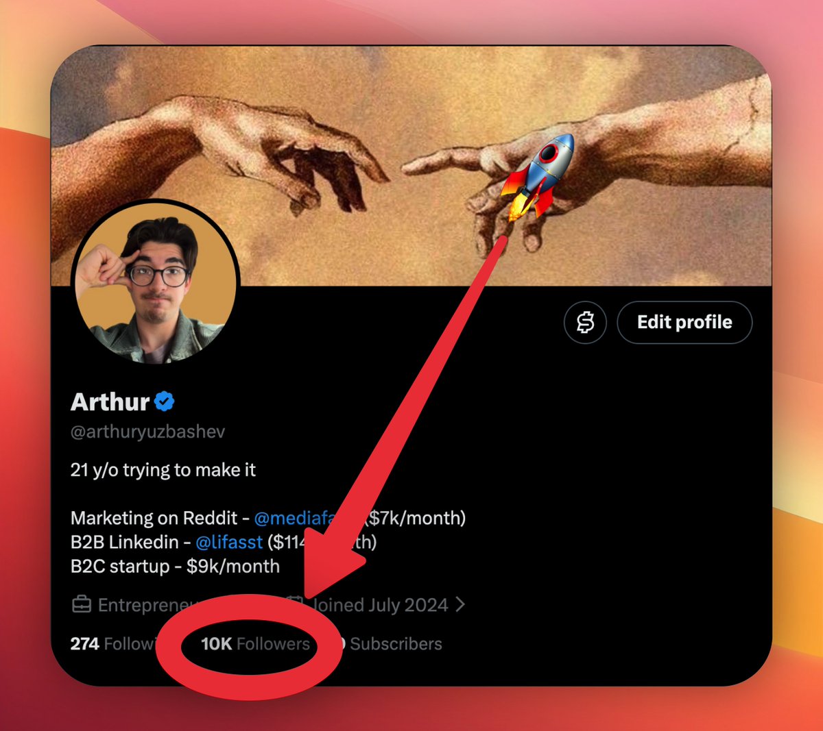 arthuryuzbashev's tweet photo. 10,000 followers on X 🥹

29 months. Zero days skipped. Not one.

I started at 200 followers with a dying agency and $0/mo

Today I have $10k+/mo startups and 10k people watching the journey:
• post DAILY, no excuses
• share what you build, what breaks, what you learn
• visuals + a hook matter more than you think
• be a TRYHARD, cringe is the price
• expect friends AND haters, both mean it's working

If you do this, it will change your life

It changed mine