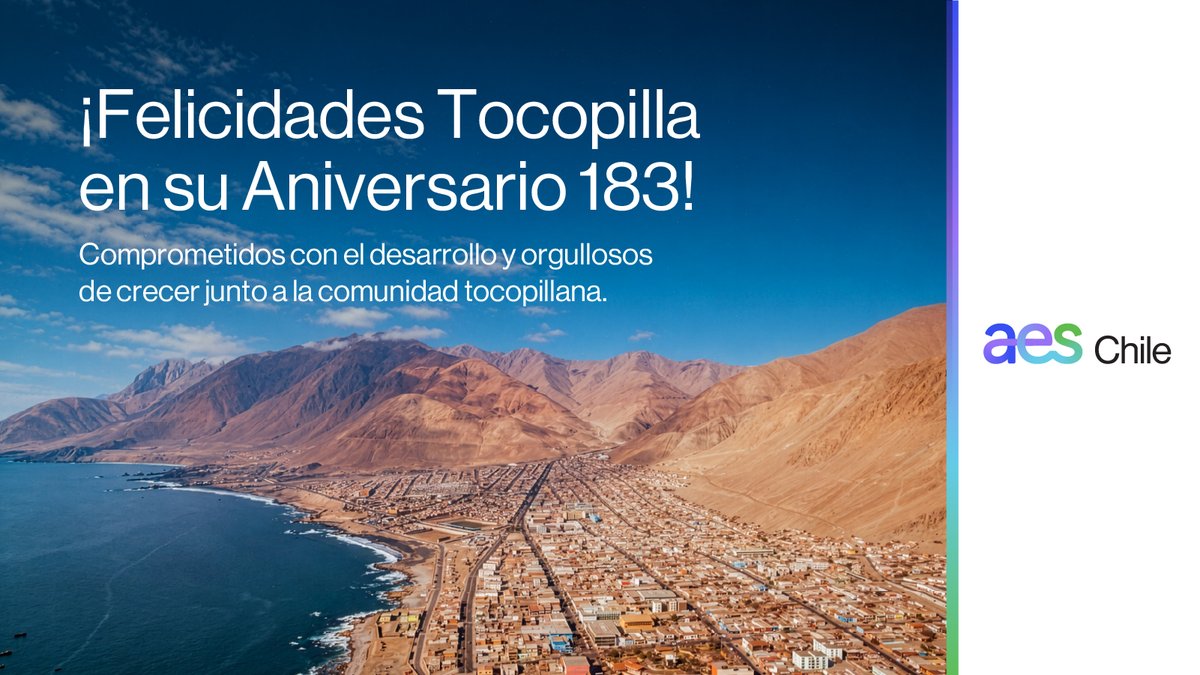 AES_Chile's tweet photo. ¡Saludamos a Tocopilla en sus 183 años de historia!

En este nuevo aniversario de Tocopilla, extendemos una calurosa felicitación a cada uno de sus habitantes. Rendimos homenaje a la nobleza de su gente, a su rica tradición marítima y minera, y a su constante espíritu de esfuerzo y progreso.