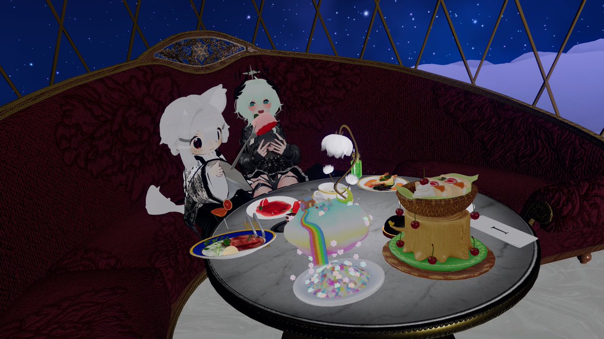 zinga_zg's tweet photo. FallenFateに来てくれてみなさまありがと～
召喚した人間様が戻ってこなくて暇になっ���ゃったので天使達のお手伝いをしてましたよ
ちばなさんがよく食べる堕天使だとは知ってたけど･･･なんかテーブルがすごいことになってるね？
アフターはみく爺さんと！見るたびにかわいくなっちゃうね～
#FF_VRC https://t.co/kIj9vFzMda