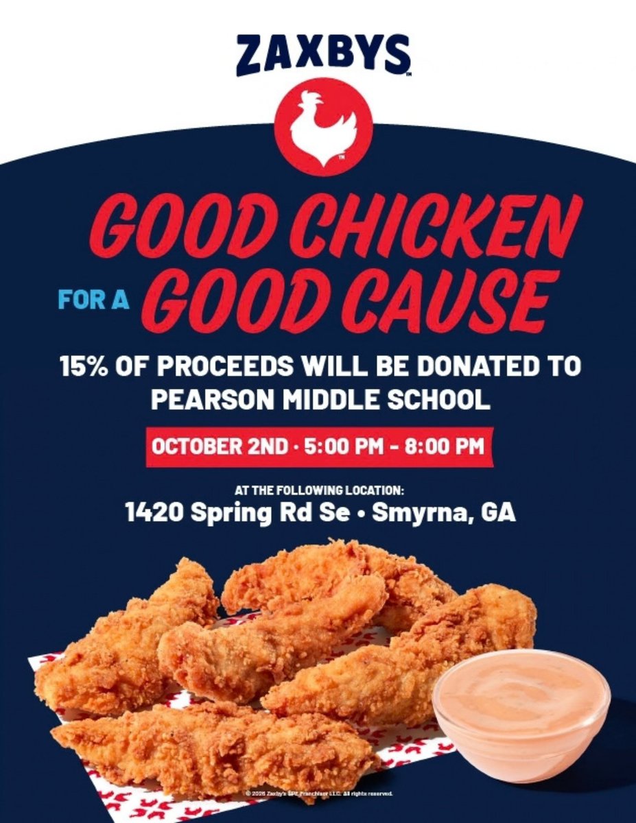 PearsonMiddle's tweet photo. Join us THIS FRIDAY at Zaxby’s! 😋 Bring your friends &amp; family and tell the cashier you are with Pearson to help support the school https://t.co/H9xfPUEz2t
