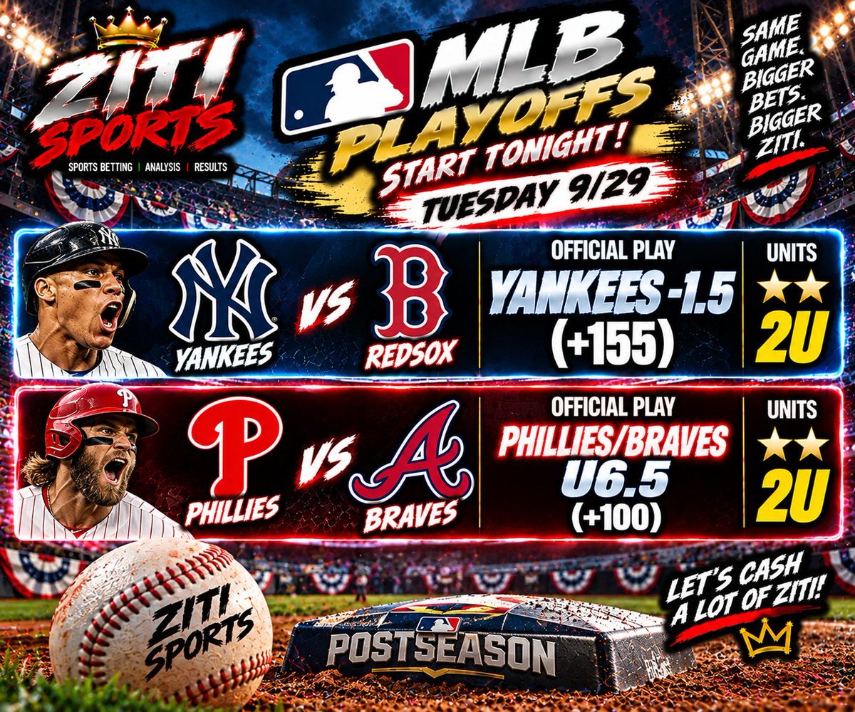 SportsZiti's tweet photo. ⚾🔥 MLB PLAYOFFS START TONIGHT! 🔥⚾
POSTSEASON ZITI IS OFFICIALLY ON THE MENU. 🍝💰
2 PLAYS • 4U — LET’S START OCTOBER BASEBALL WITH A BANG! 💣
#MLBPlayoffs #Postseason #MLBPicks #MLBBetting #BaseballPicks #SportsBetting #BettingTwitter #ZitiSports #WinZiti https://t.co/iBrt1PCW71