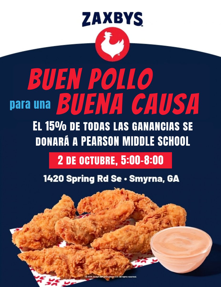 PearsonMiddle's tweet photo. Join us THIS FRIDAY at Zaxby’s! 😋 Bring your friends &amp; family and tell the cashier you are with Pearson to help support the school https://t.co/H9xfPUEz2t