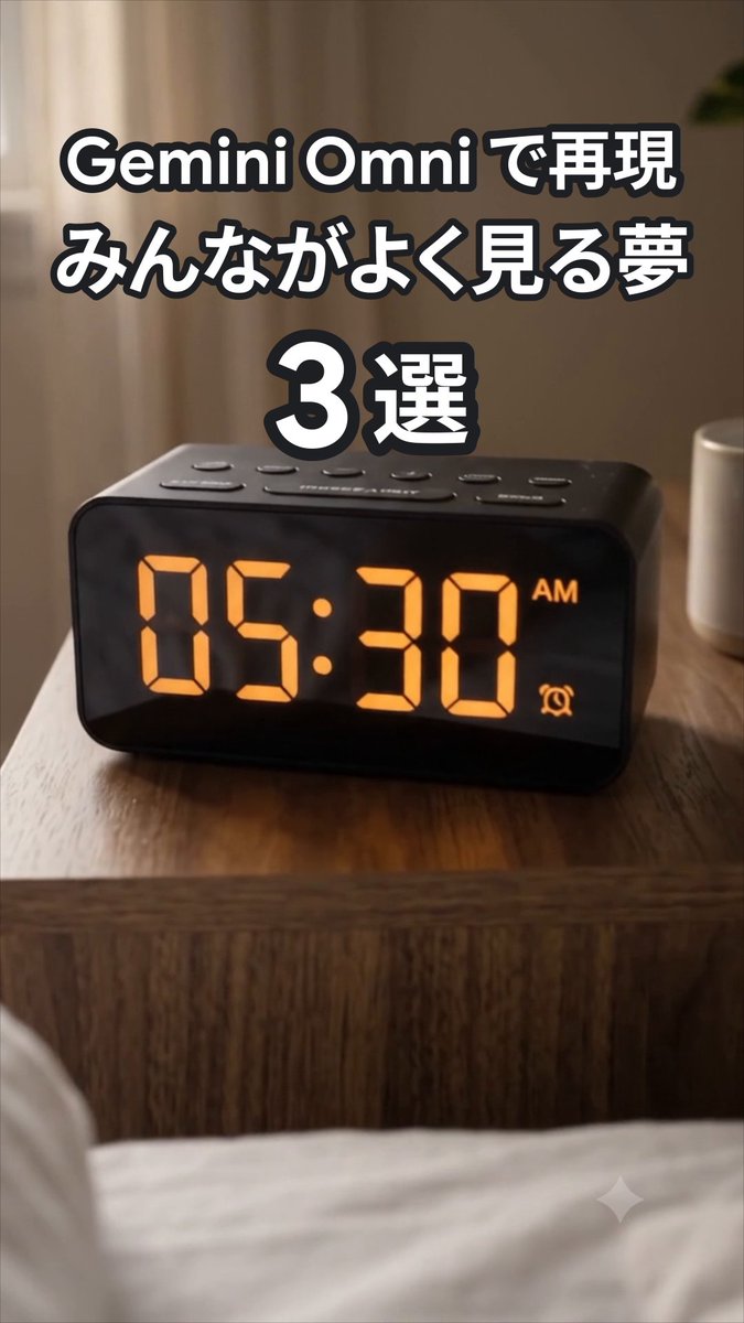 A digital alarm clock displays "05:30 AM" in bright orange numerals on a wooden nightstand beside a bed, with Japanese text overlay reading "Gemini Omniで再現 みんながよく見る夢 3選" (3 commonly seen dreams recreated with Gemini Omni). The image visually illustrates the post's theme of recreating a classic dream scenario—the anxiety-inducing experience of waking up late in the morning.
