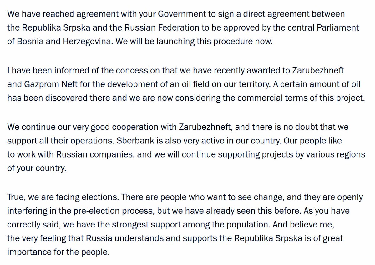 christogrozev's tweet photo. What the Kremlin is doing with the AfD now is an almost exact replica of what it did with Dodik, Russia's trojan horse in Bosnia & Herzegovina, in 2014. In September 2014, Dodik was summoned to Moscow and "offered" a "direct" and "lucrative" Gazprom deal, - just weeks before the elections. 
For Russia, Gazprom/Norstream/Southstream were never economic projects. They were and are political weapons. Incredible that so many in Germany are even considering wading back into that river twice.