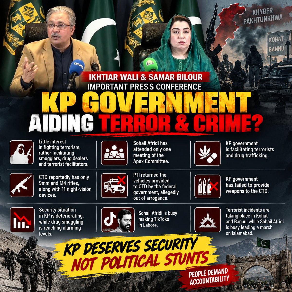 drammaranaqvi's tweet photo. Ikhtiar Wali &amp; Samar Bilour expose the KP govt: While terror hits Kohat &amp; #Bannu, #CTD lacks basic gear &amp; CM Sohail Afridi makes TikToks leading protests instead of protecting citizens. #KPPolitics #Article232
#LeadsWithConvictionCDF
#PTIExposed https://t.co/6n7OG68XOk