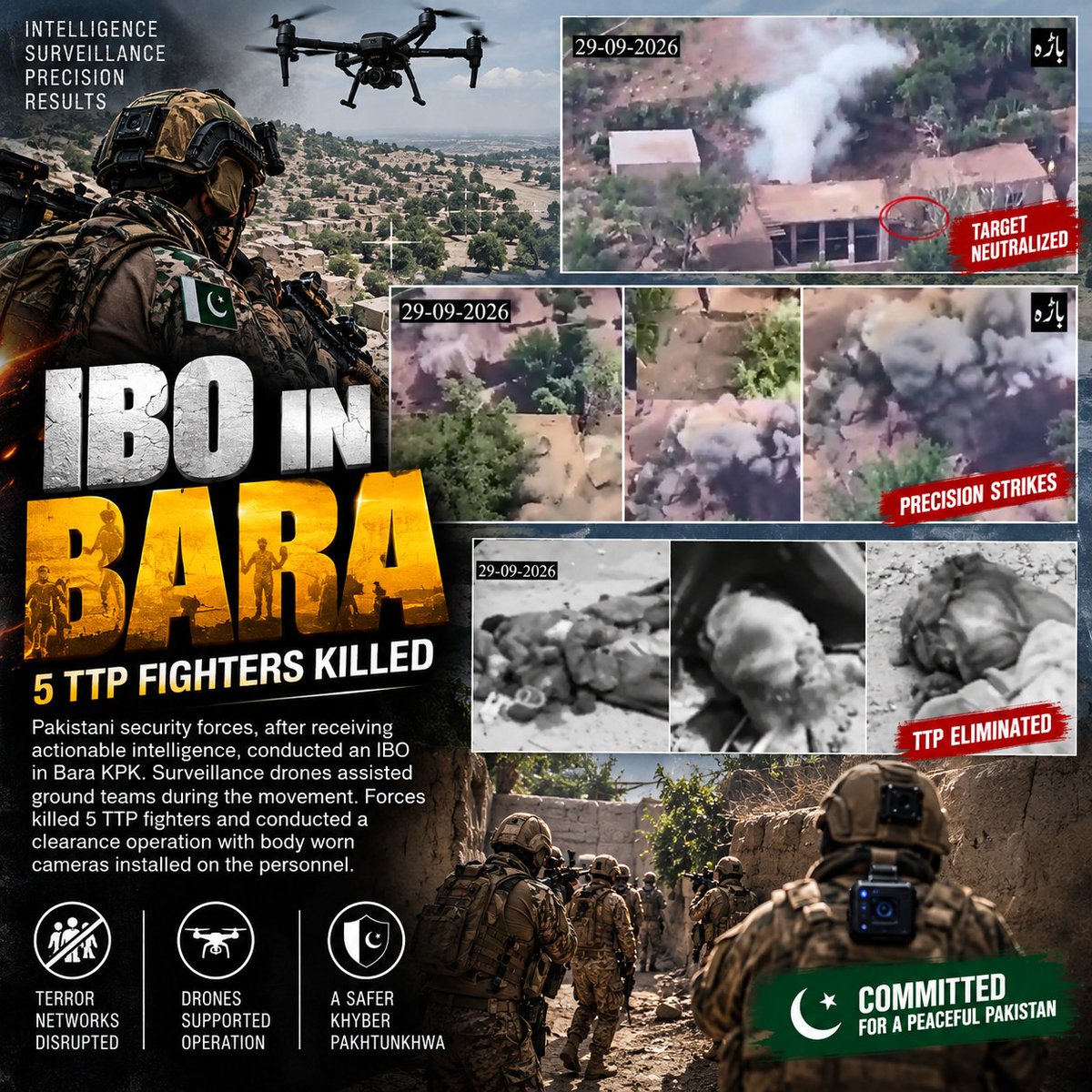 HafsaAfridi11's tweet photo. Pakistani security forces killed 5 TTP fighters in an intelligence-based operation in Bara, KPK. Armed with surveillance drones &amp; body-worn cameras, ground teams successfully cleared the site. #Bara #PakArmy
#Article232
#LeadsWithConvictionCDF
#PTIExposed https://t.co/E6HAhdrRB3